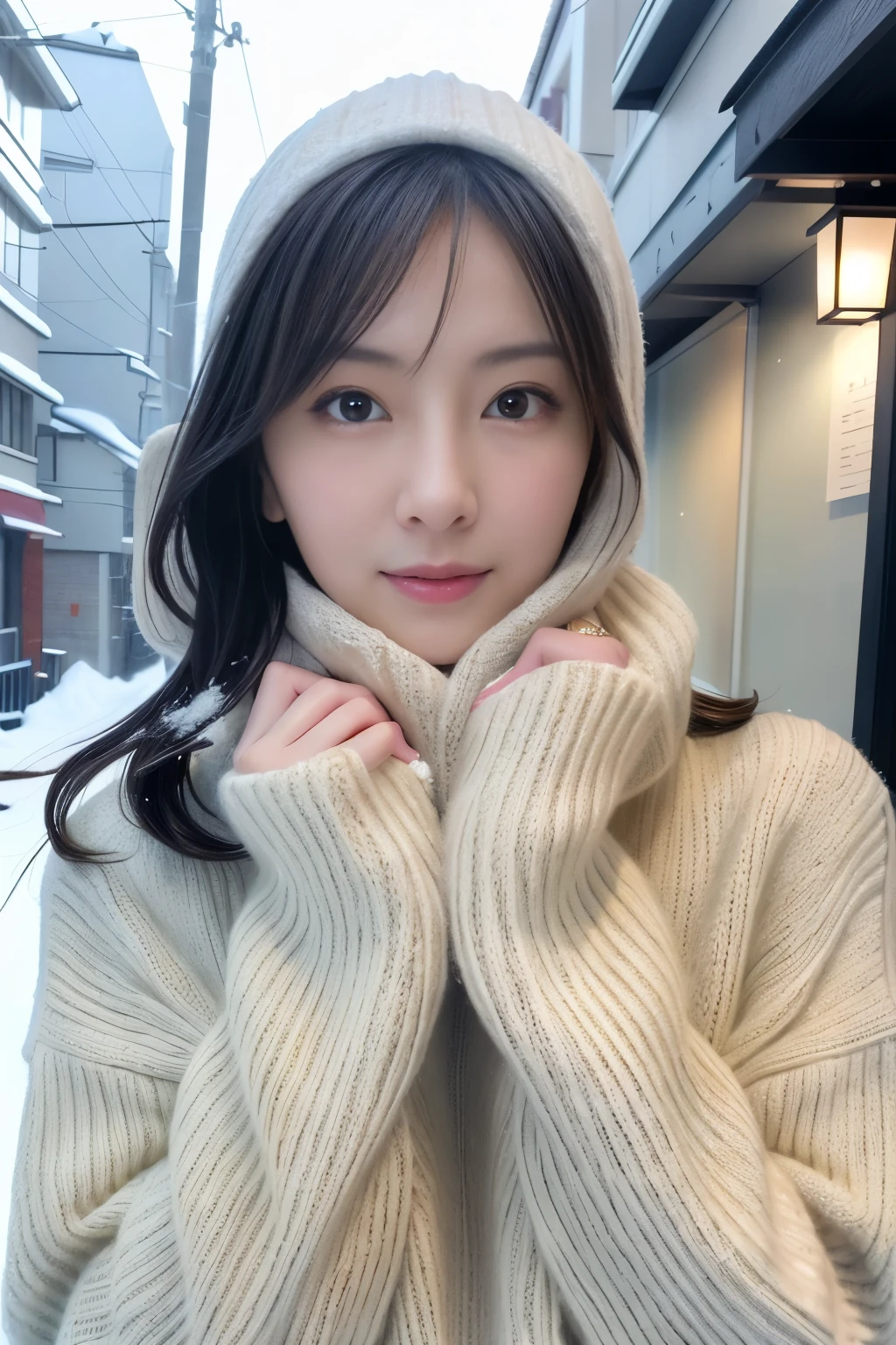 Masterpiece, Best Quality, 1girl, Solo, Brunet, Scarf, Hat, Realistic, Look at the Audience, Black Eyes, Long Hair, Coat, Winter Wear, White Scarf, Lips, Bangs, Outdoor, Shut Up,