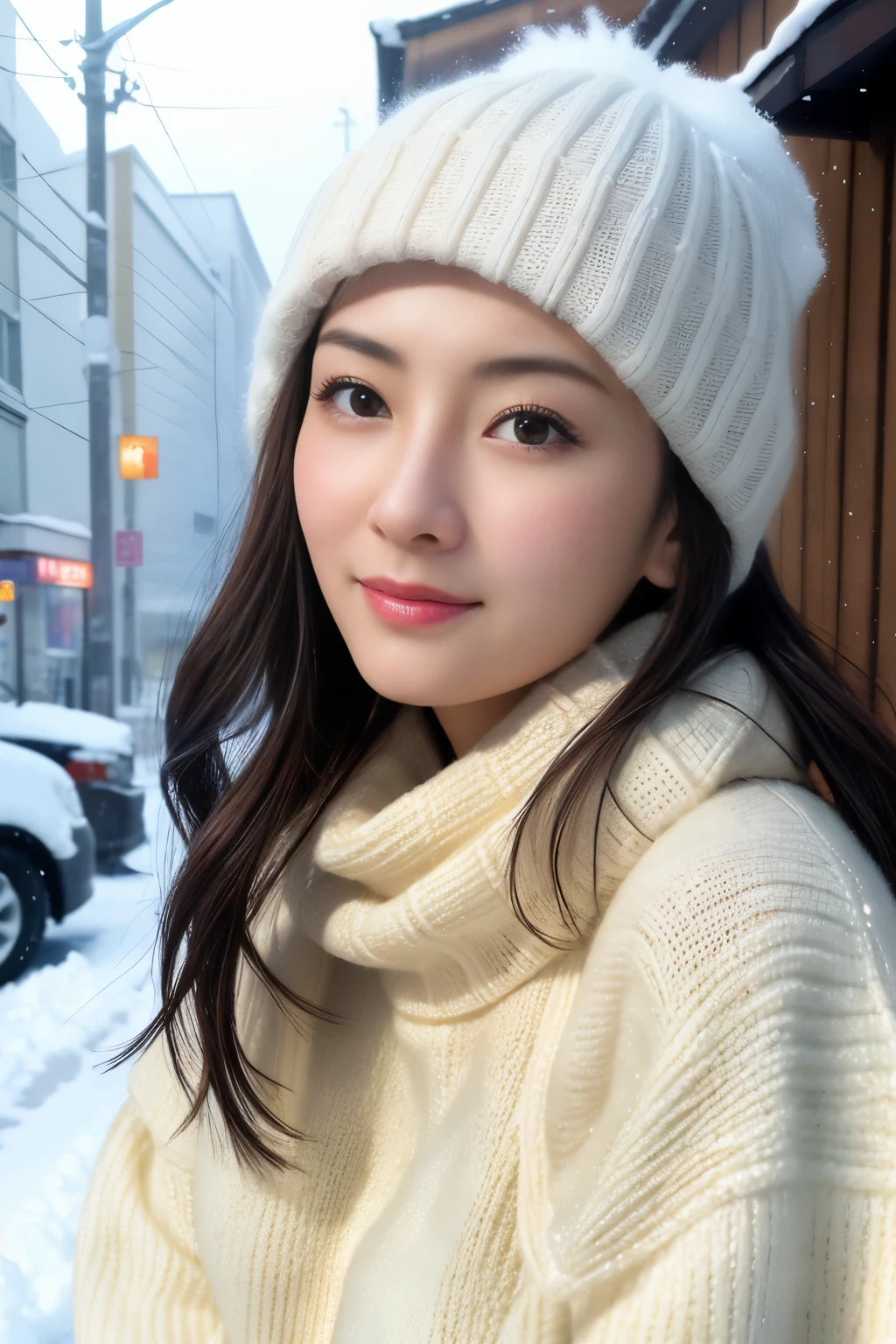 masutepiece, top-quality, Photorealsitic, 8k wallpaper, ​masterpiece, one beautiful Japanese women, Sweater to protect yourself from the cold, (beautiful hairl), snowy street, ((Look at viewers)), A detailed face, detailed skin textures, detailed lips