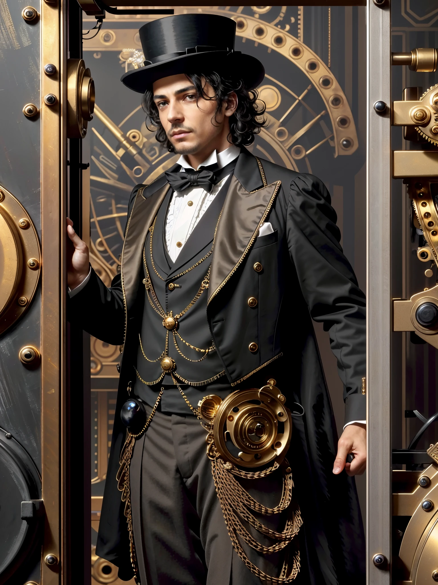 (8k, RAW photo, highest quality), A dignified gentleman automaton in a black silk victorian suit and top hat adorned with golden gears, its metallic arm opened revealing intricate clockwork while it carefully uses an intricate custom tool to adjust the machinery, array of complex brass cogs and gadgets surround the robot amidst clouds of steam in the atmospheric workshop, backlit by amber light, (detailed eyes:0.8), (highest quality), (best shadow), intricate details, interior, dark studio, muted colors, (steam punk),
