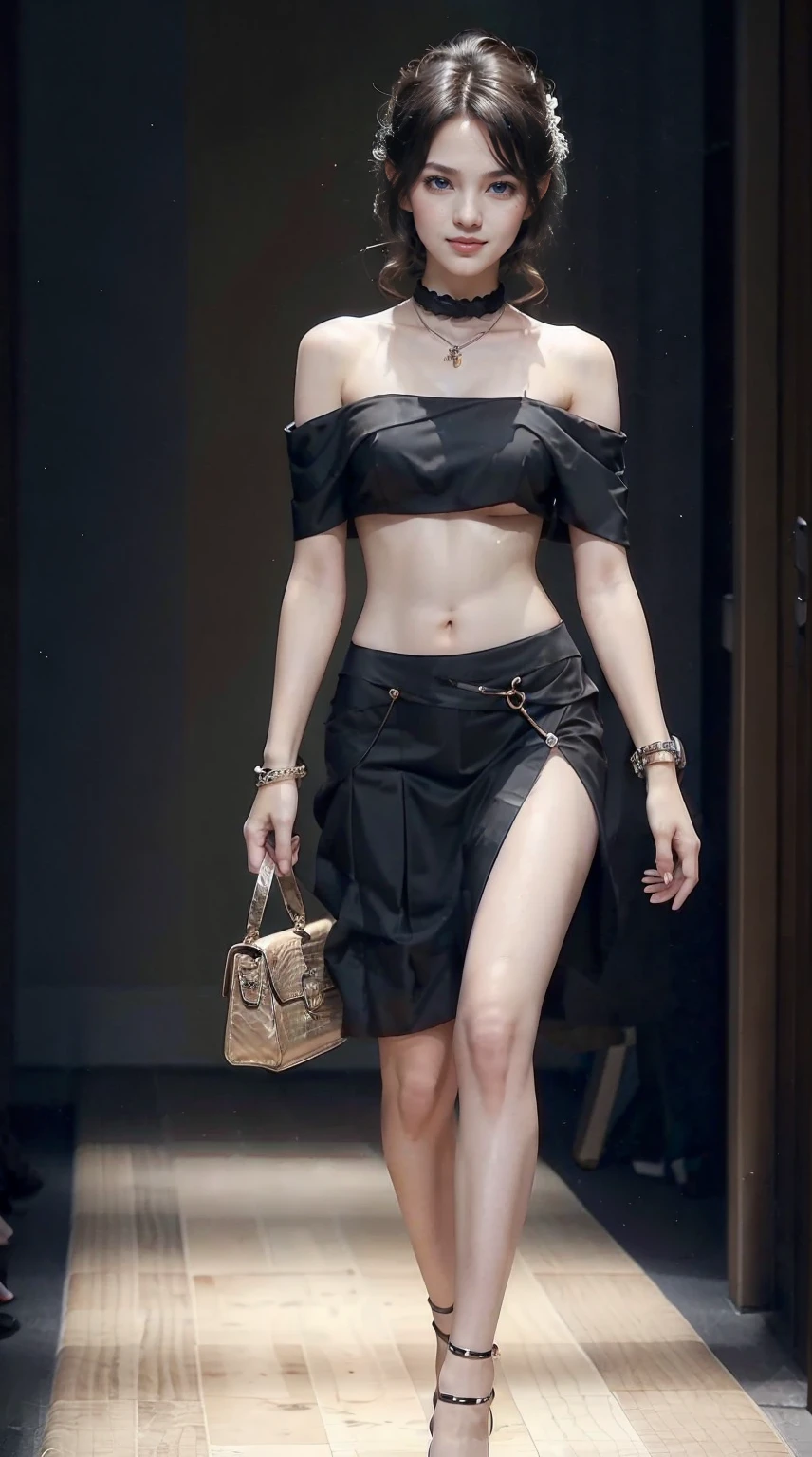 25-year-old Caucasian woman、brunette、blue eyess、Longhaire、My hair is wavy、I'm wearing eyeshadow and lipstick、accessories on the wrist、wearing a choker、Shiny skin、setting hair、a smile、slim muscular body、I don't want my head to disappear from the screen.、I'm wearing high heels、Wearing an off-shoulder top with lace、Abs are cracked、I can see the belly button、I'm wearing a mini-length pleated skirt、I'm wearing high heels、Walking down the fashion show runway