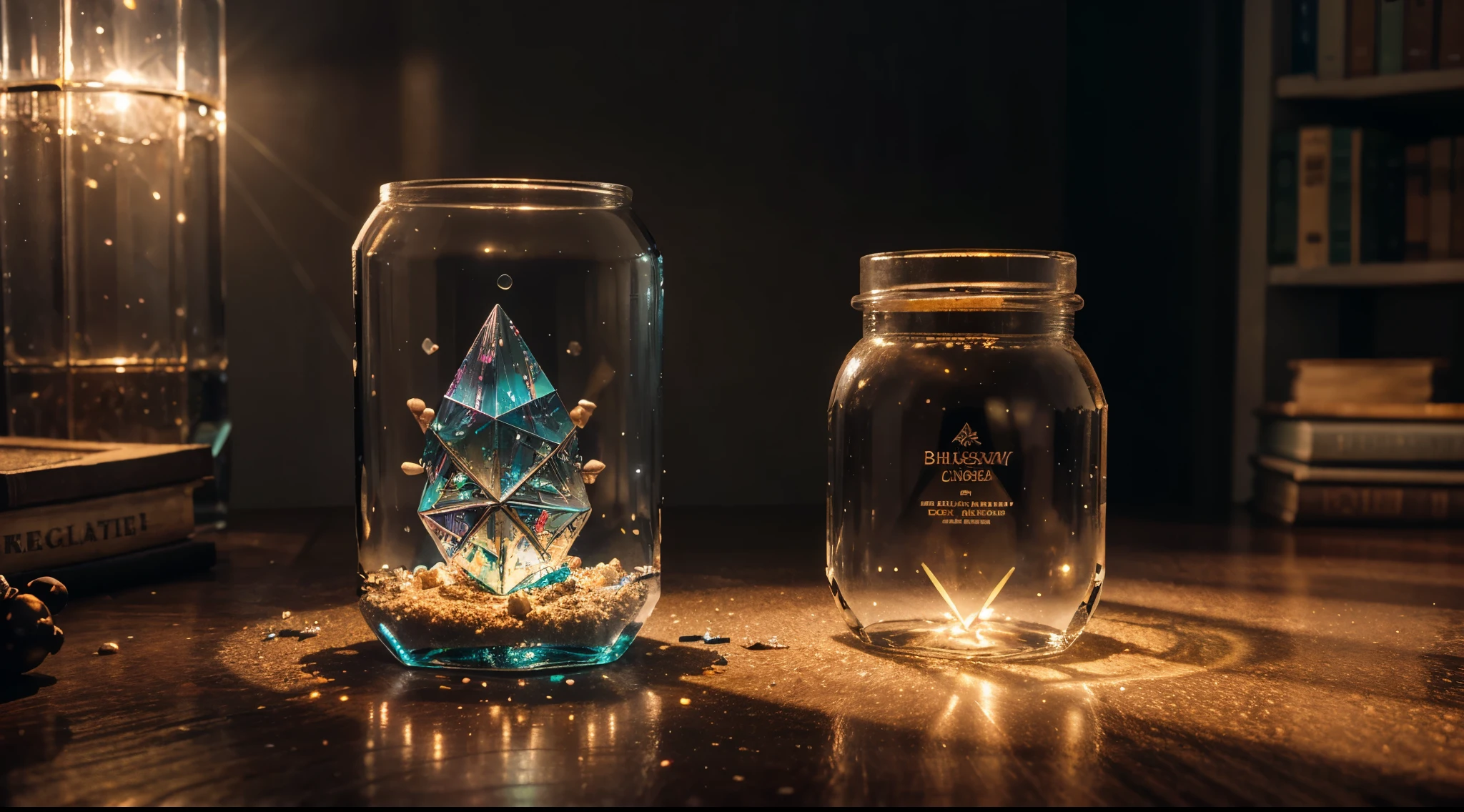 a thin edging crystal, the apocalypse, a cute and charming creature in a glass jar on the table, inside a magic laboratory, many small details, bookshelves with dust-covered books, a magic formula on the floor of neon glow, spilled magic sand, view away from the table, hyper realistic, hyper detailed, ray-tracing, realistic lighting
