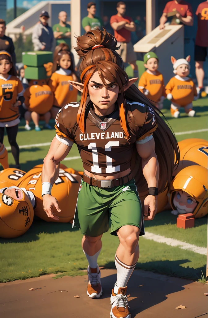 background=plain white, male cleveland browns football team official brownie the elf mascot, side profile view, hand ripping down a curtain