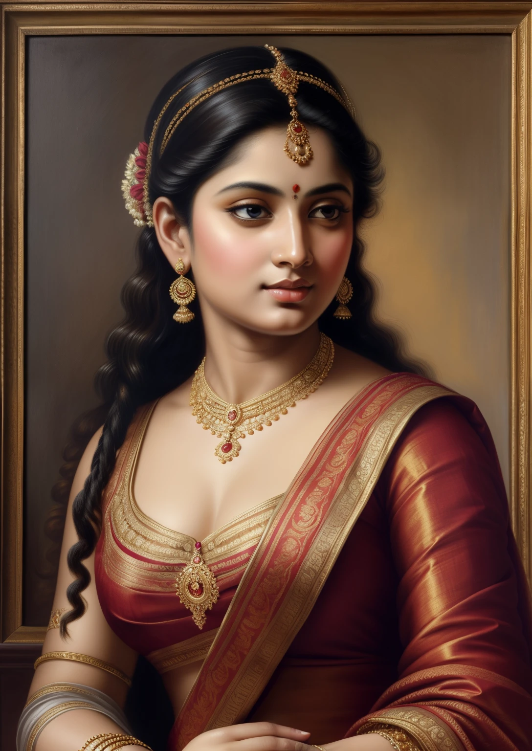 Beautiful Indian Woman, wearing saree, sari Beauty, gorgeous, Apsara, Maharani, royal queen woman, nymph from Hindu Mythology, pierced eyes, Urvashi, matchless beauty, Highly detailed, Oil Painting by Peter Paul Rubens inspired by Raja Ravi Varma, Matchless beauty, captivating, gorgeous, heavenly beauty, celestial beauty, by Peter Paul Rubens, 1893, realistic, hyper realistic, micro details, incredible artwork, insane details, ultra High resolution, 8k, 32k,  acrylic on canvas, intricate, flawless, detailed, detailed face, detailed eyes, masterpiece, by Peter Paul Rubens, by Caravaggio, by William Adolphe bouguereau, perfect face, perfect body, beautiful art, realism, baroque, renaissance Art, highly textured, beautiful eyes, uhd, best quality,