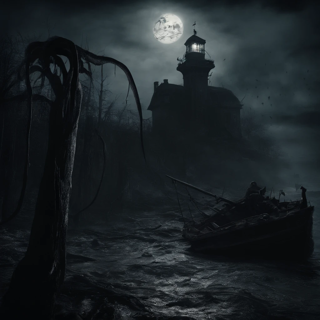 (Best Quality, 8K, Masterpiece, Ultra HD: 1.3, Huge detail, hyper realistic, epic scale, insane level of details), kraken, giant evil octopus, giant evil squid, pirate carrack, remains of a shipwreck, lighthouse, beam of light from the lighthouse, night, very big moon, tense atmosphere