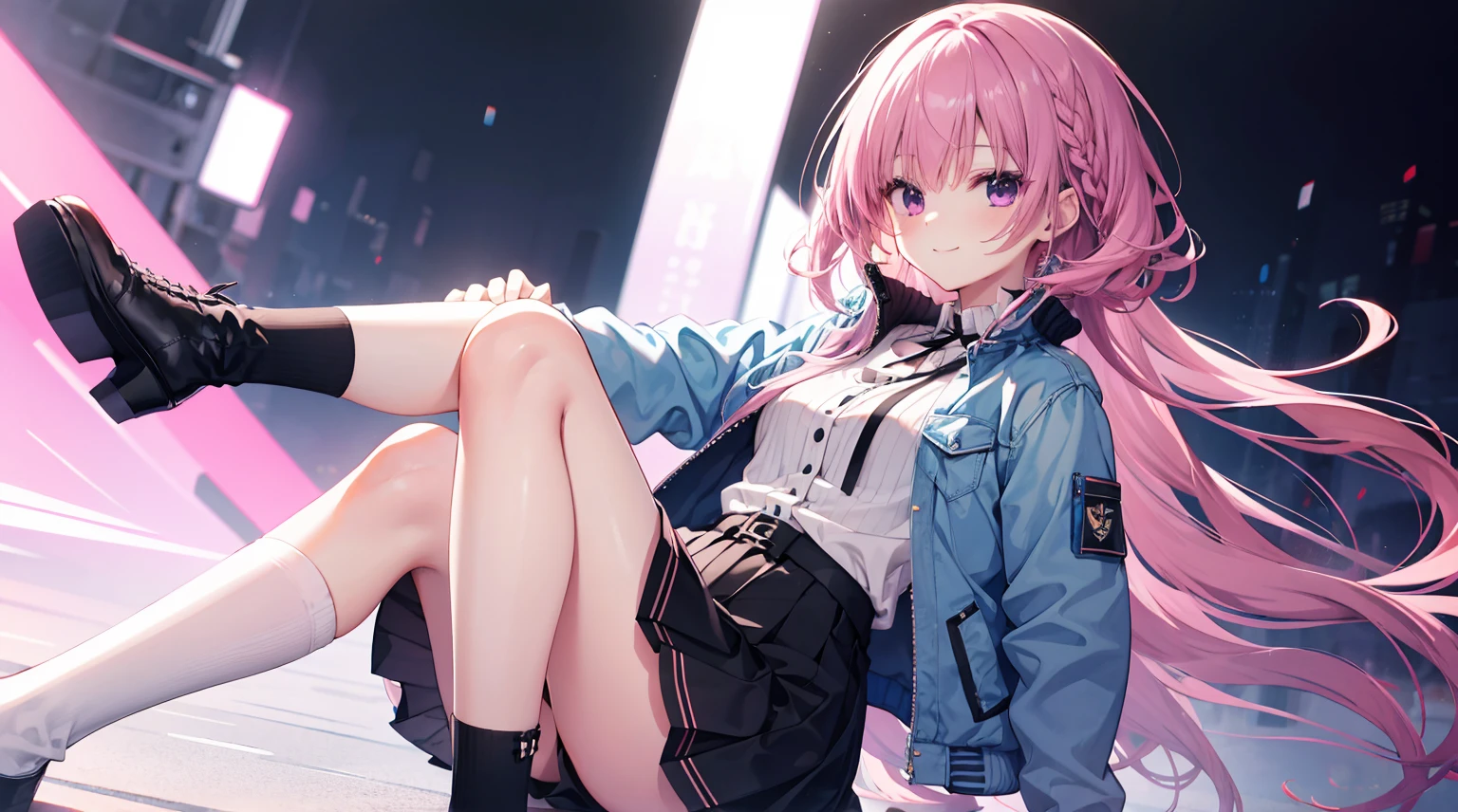 one-girl,soio,Pink Long Hair,Medium-hair long,dishiveredhair,black short skirt,Purple eye,gently smiling,, backdrop,Anime style 4k,Blue long sleeve faux denim bomber jacket,white blouse,Black vertical striped skirt,Short black socks,gray overboots ,Mitsukasa Ayase