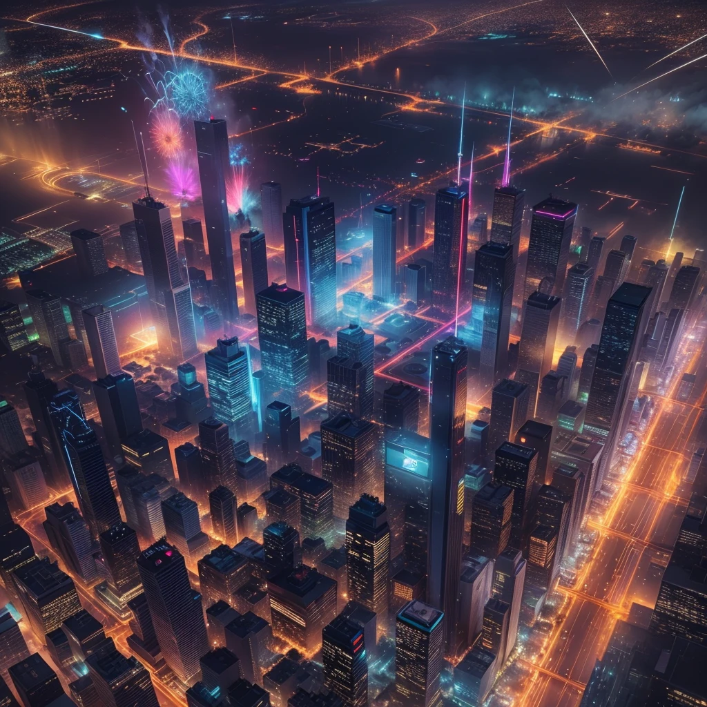 (best quality,4k,8k,highres,masterpiece:1.2),ultra-detailed,(realistic,photorealistic,photo-realistic:1.37),futuristic,cyberpunk,new year celebration,spectacular fireworks display,glowing city lights,technological advancements,impressive architecture,energetic atmosphere,thriving metropolis,neon signs,advanced holograms,imposing skyscrapers,colorful explosions,vibrant bursts of light,mesmerizing patterns,illuminating the night sky,electric energy,rainbow colors,dazzling effects,thrilling pyrotechnics,synchronized music and visuals,spectators in awe,excitement and delight,joy and celebration,high-tech gadgets and devices,flying vehicles,massive crowds,party atmosphere,city of the future,positive and vibrant vibes,sparkling and shimmering display,unforgettable experience,impressive light show,grand spectacle.