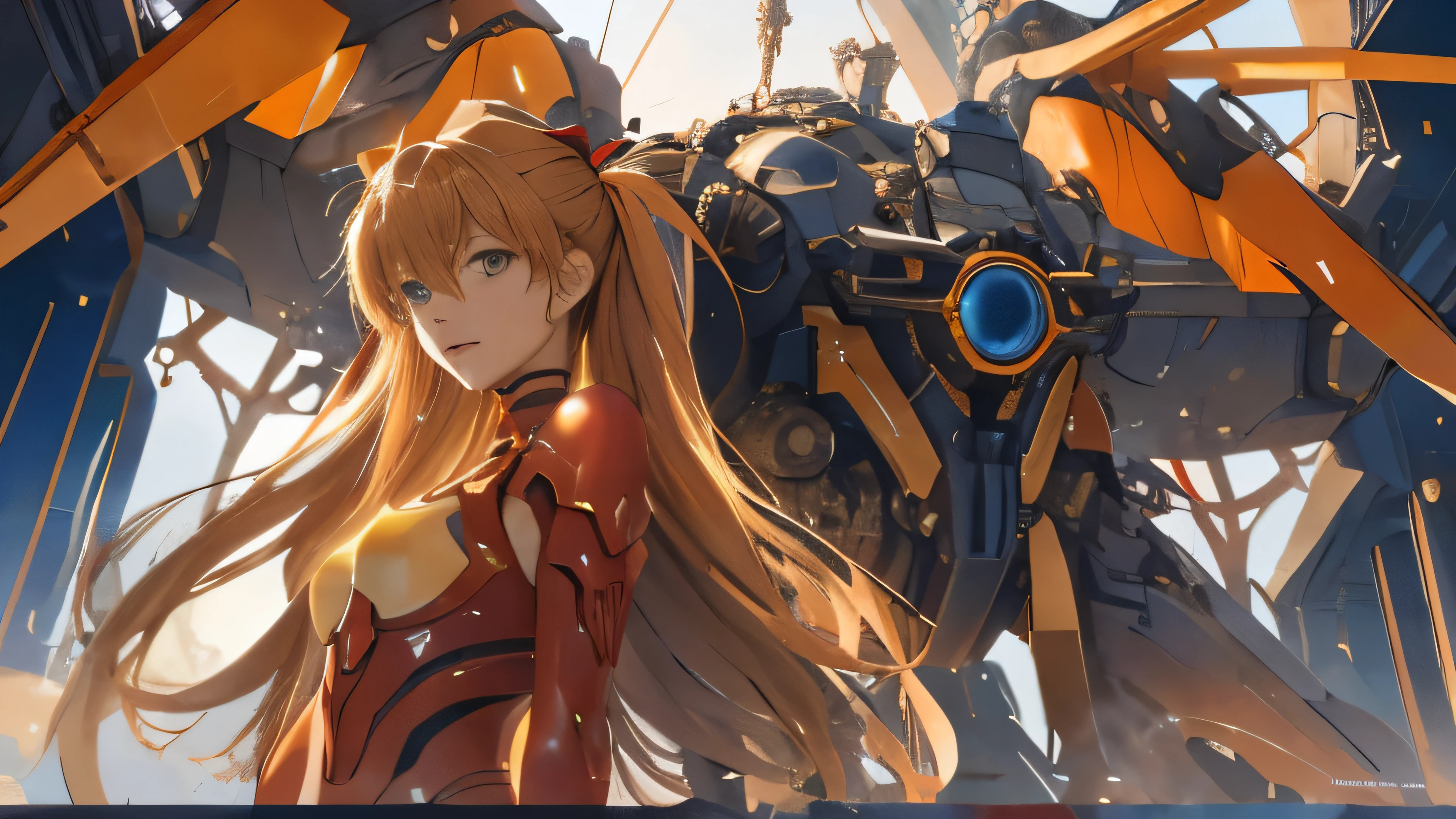(reference sheet)(tmasterpiece, Best quality, )Soryu Asuka Langley,16 yaers old，Mechanical sci-fi style，red theme，（1 mechanical female angel，Anatomical correct，Full body lesbian，Golden wings，standing behind）（3 Rendering，Best quality，the detail，tmasterpiece，artistically，movie light effect，4K，lightand shade contrast）