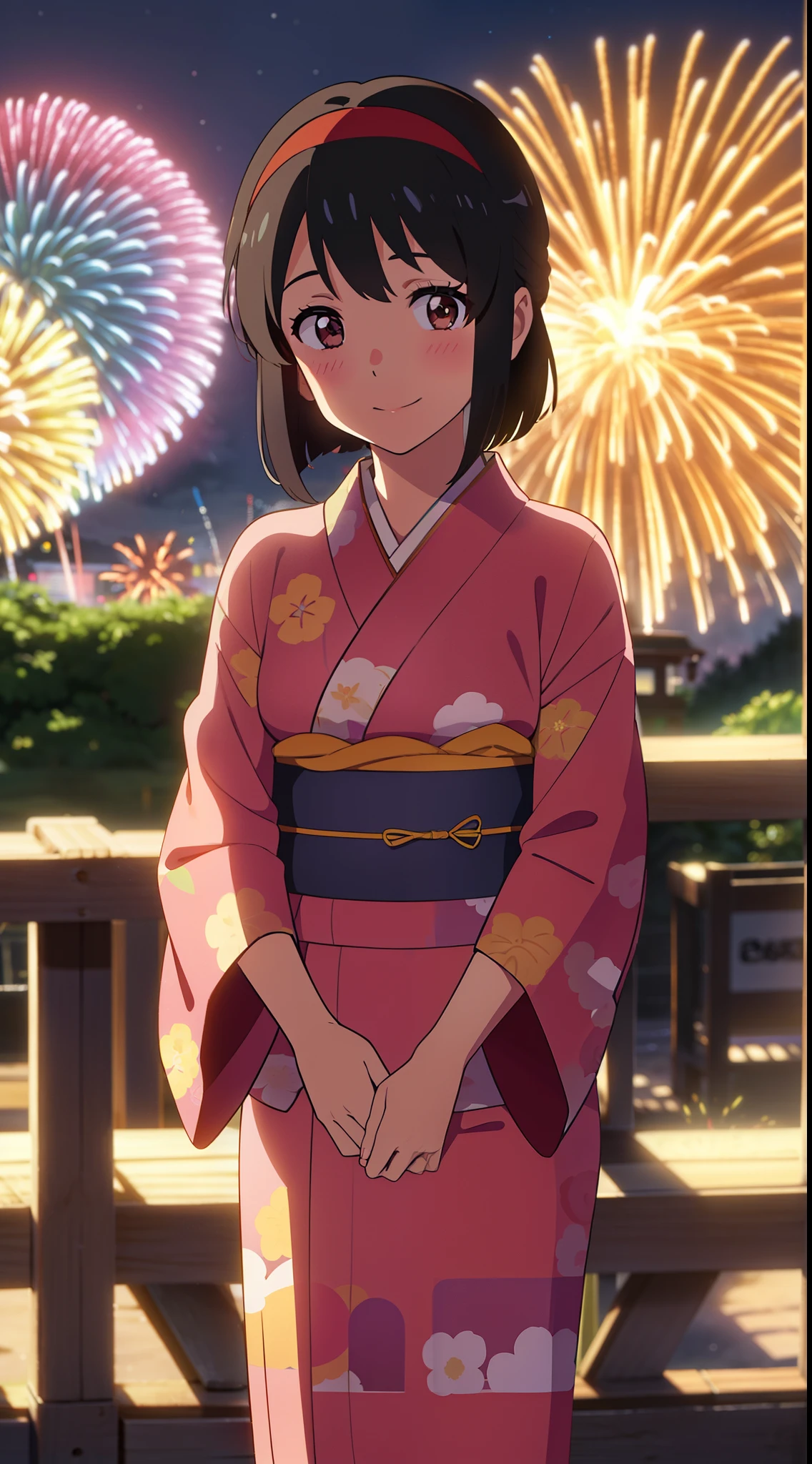 shinkai makoto, kimi no na wa., 1girl, bangs, black hair, blush, bright eyes, brown eyes, red headband, red bow, red ribbon, shiny skin, smile, cute, beautiful, blue kimono, blush, hair, floral print, japanese clothes, yukata, looking at viewer, night, night sky, outdoors, print kimono, summer festival, festival, Amusement park, aerial fireworks, fireworks