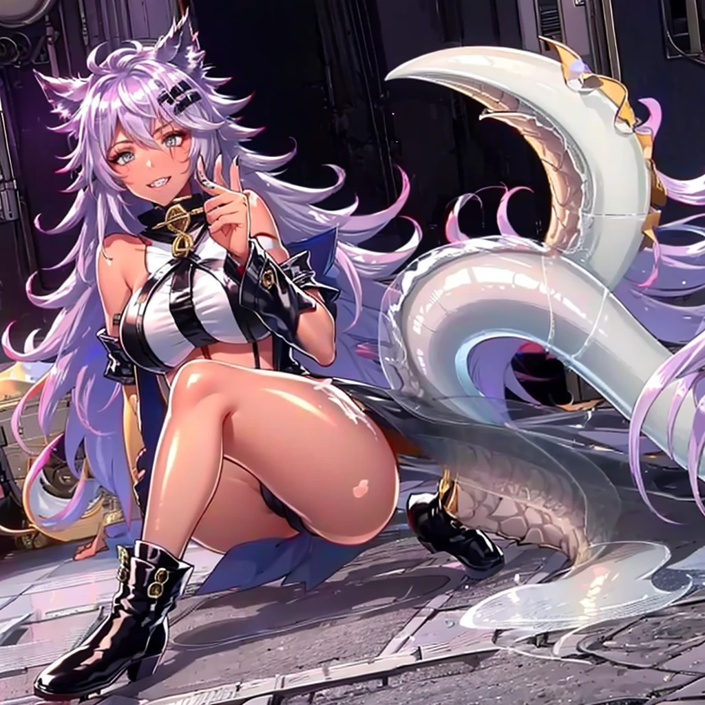 8k, resolution, high quality, high resolution, best quality, best resolution, absurd resolution, ray tracing, high detailed, masterpiece, extremely detailed,shoulder length white hair, female,white 2 wolf ears, teenage girl, slim body, white scale dragon tail,black boots,black leggings, school skirt, white jacket, medium size chest, detailed blue eyes, detailed beautiful face,solo female,1 dragon tail, detailed eyes