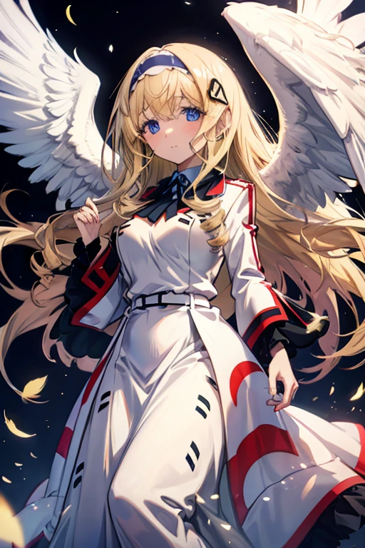 A light golden haired female angel with hazel eyes and white feathers with golden feathers flying through the sky in golden robes