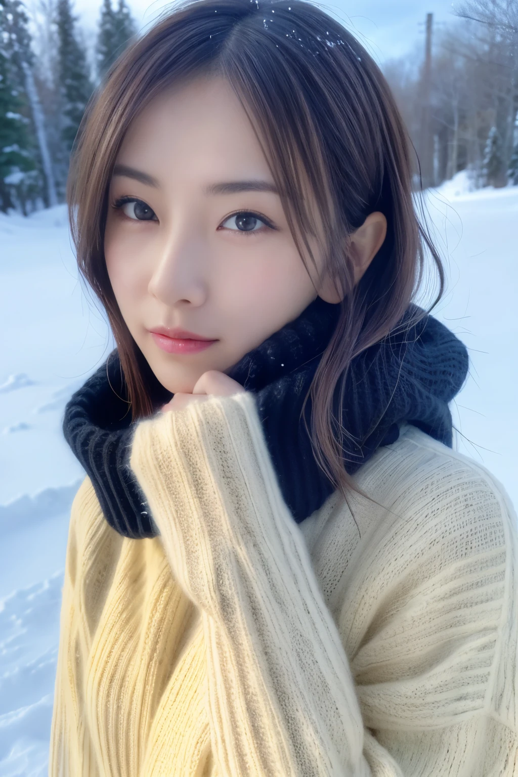 masutepiece, top-quality, Photorealsitic, 8k wallpaper, masterpiece, one beautiful Japanese women, Sweater to protect yourself from the cold, (beautiful hairl), Snow road, ((Look at viewers)), A detailed face, detailed skin textures, Detailed lips