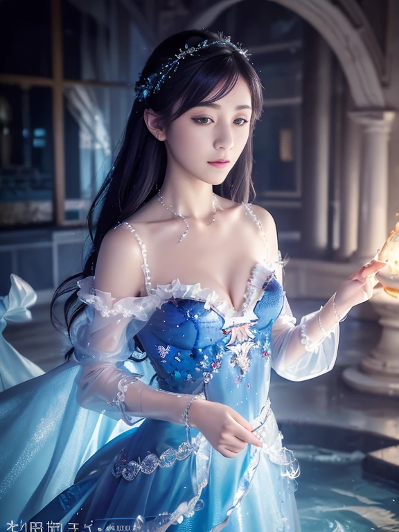 (Masterpiece, Top Quality, Best, Official Art, Beautiful and Aesthetic, Long Exposure: 1.2), Smooth Movement, Charming Patterns, 1 Girl, (No Cleavage: 1.4), (Long Dress with Sleeves: 1.3) , long blue dress, (small breasts: 1.2), bare shoulders,  Russian woman, freckles, black lob hair, portrait, solo, upper body, looking at the observer, detailed background, detailed face, (crystallineAI, crystalline theme: 1.1 ), elemental water sprite, spinning water, controlling water, diamond clothes, dynamic pose, floating particles, ethereal dynamics, water, vapor, ocean in background, blue tint, coast, ethereal atmosphere,