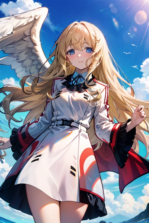 A light golden haired female angel with hazel eyes and white feathers with golden feathers flying through the sky in golden robes