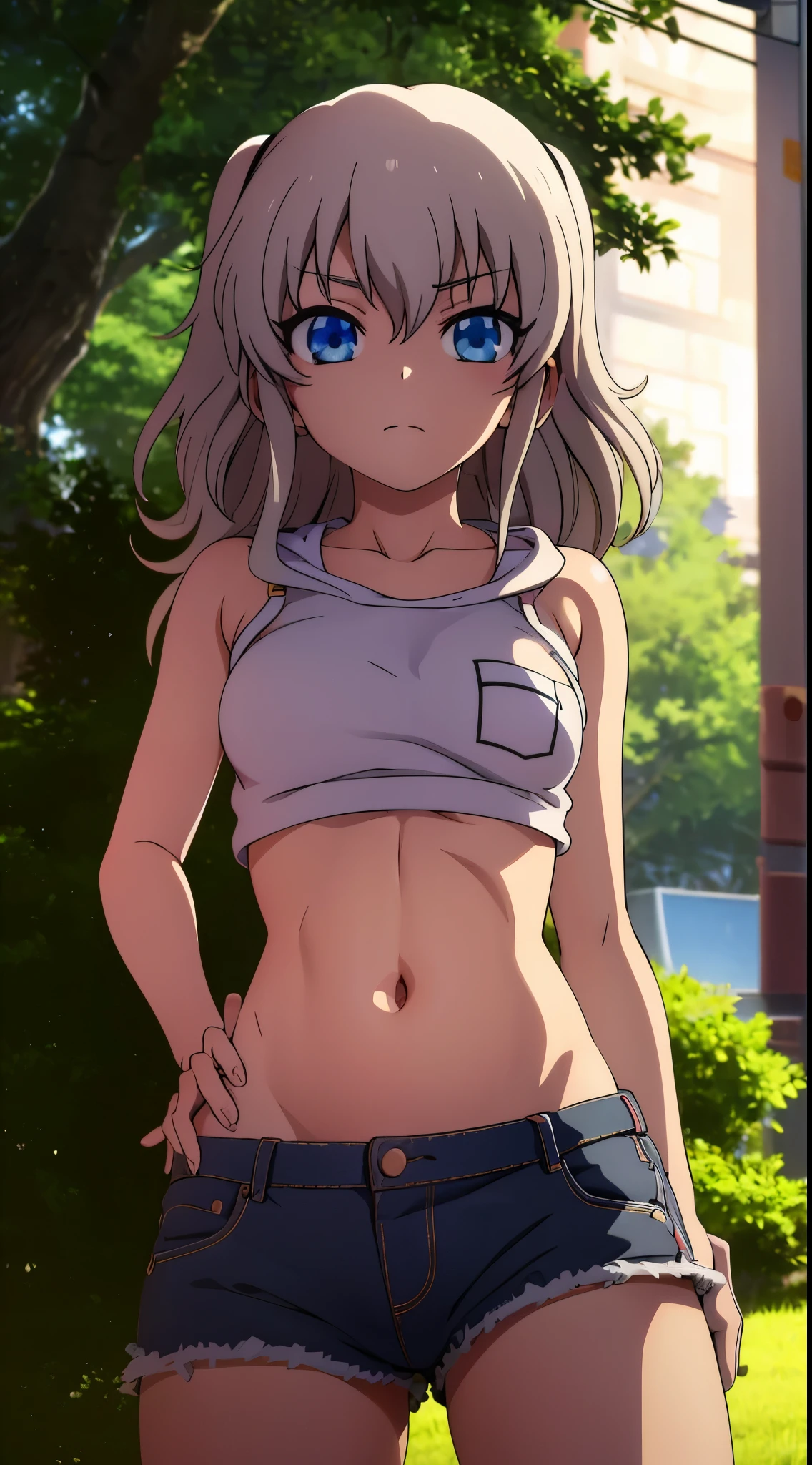 nao tomori | charlotte, underboobs, gray hoodie, denim shorts, belly, stomach, navel, blue eyes, looking viewers, 8k, masterpiece, (ultra high quality), hands in pocket, detailed, best quality, high, high-definition, sharp eyes