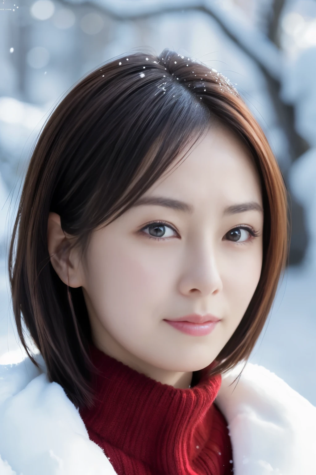 masutepiece, top-quality, Photorealsitic, 8k wallpaper, ​masterpiece, one beautiful Japanese women, Sweater to protect yourself from the cold, (beautiful hairl), Snow Run, ((Look at viewers)), A detailed face, detailed skin textures, Detailed lip rest bulge)