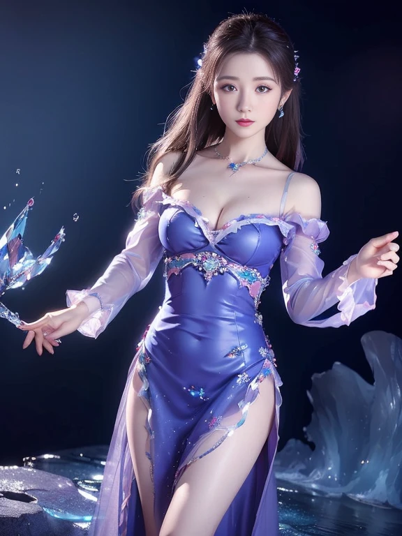 (Masterpiece, Top Quality, Best, Official Art, Beautiful and Aesthetic, Long Exposure: 1.2), Smooth Movement, Charming Patterns, 1 Girl, (No Cleavage: 1.4), (Long Dress with Sleeves: 1.3) , long blue dress, (small breasts: 1.2), bare shoulders,  Russian woman, freckles, black lob hair, portrait, solo, upper body, looking at the observer, detailed background, detailed face, (crystallineAI, crystalline theme: 1.1 ), elemental water sprite, spinning water, controlling water, diamond clothes, dynamic pose, floating particles, ethereal dynamics, water, vapor, ocean in background, blue tint, coast, ethereal atmosphere,