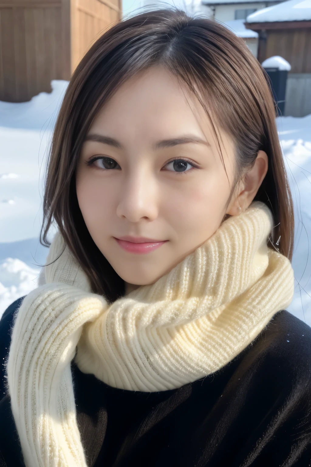 masutepiece, top-quality, Photorealsitic, 8k wallpaper, ​masterpiece, one beautiful Japanese women, Sweater to protect yourself from the cold, (beautiful hairl), Snow Run, ((Look at viewers)), A detailed face, detailed skin textures, Detailed lip rest bulge)