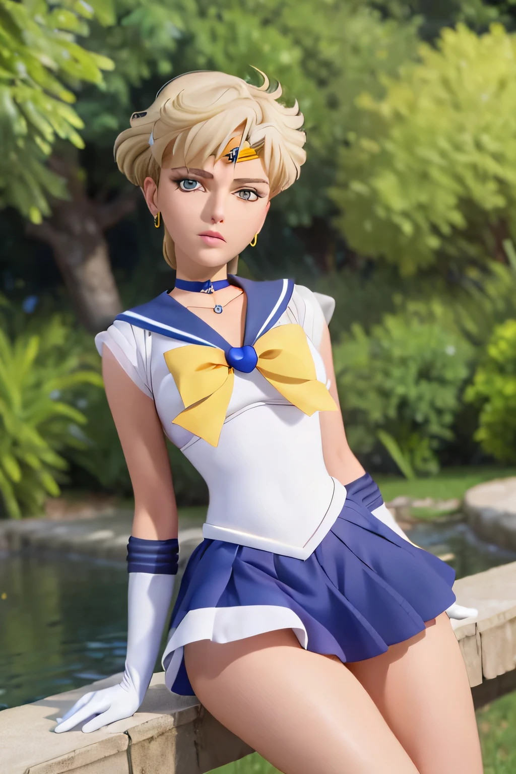 (La mejor calidad:1.1), (Obra maestra:1.4), (absurdos:1.0), retrato, primer plano,1girl, Marinero Urano, KizukiAi, Mujer madura, small breasts, aqua eyes, cabello rubio, Uniforme Sailor Senshi, Collar de marinero, arco de pecho, Arco trasero, Falda suplicante, Guantes blancos de codo, big booty, Ultra minifalda , jewely, Pendientes, falda plisada , Collar marinero azul, minifalda, gargantilla, blue gargantilla, Guantes blancos, pelo corto, jewely, Pendientes, sentada, Piernas cruzadas, muy sexy. PIERNAS ENROSCADAS, Show loot