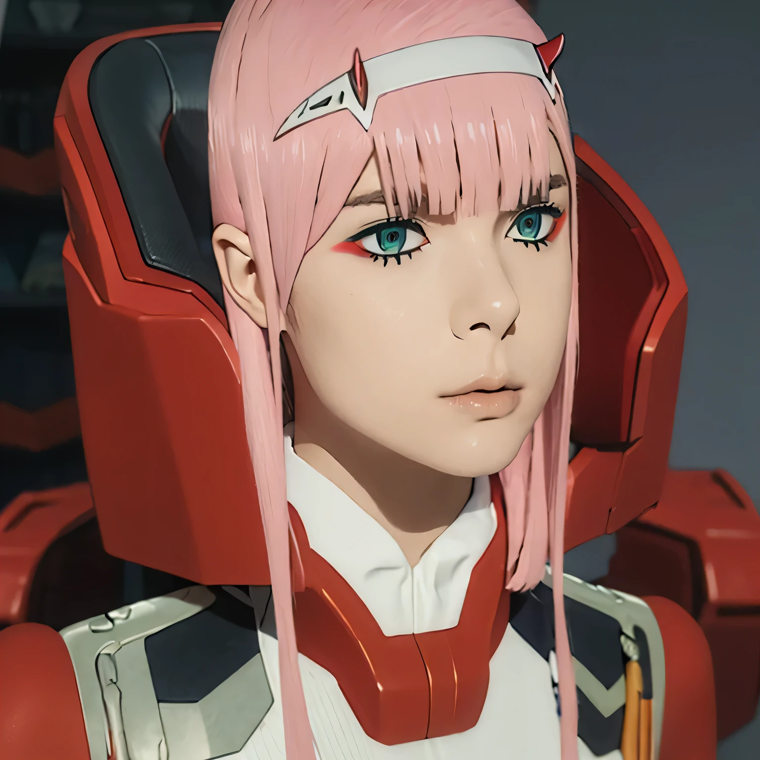 a girl, Zero Two((Darling in the Franxx)) , photorealistic photo, 1 girl, looking directly at the viewers, pink hair, red horn, UHD, retina, masterpiece, accurate, anatomically correct, textured skin, super detail, high quality, highres, award winning, high details, 1080P, HDs, long pink hair with straight bangs covering her forehead and a pair of red horns on her head and a white limiter headband over her horns, sharp, turquoise eyes with rings around the pupils and pinkish-red markings on the canth, full ensemble was composed of a white military cap with matching overcoat and boots, wearing her signature red military uniform, black leggings, and white boots. Zero Two's originally wore the 9's pistil suit: a red bodysuit with white accents, realistic, ultra high res, real life, pink hair, hairband, cinematic lighting, image fill, UHD, retina, masterpiece, ccurate, anatomically correct, textured skin, super detail, high quality, highres, award winning, high details, 1080P, HD.