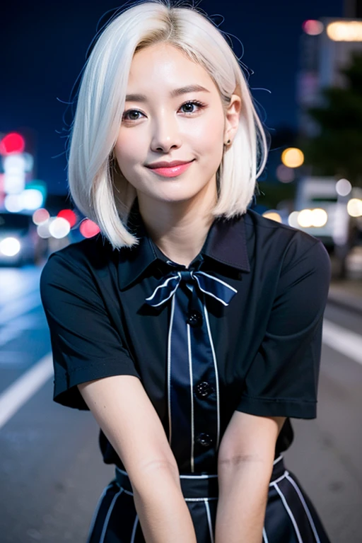 (8k, RAW photo, best quality, mastery:1.3),(realistic,photo-realistic:1.37),(night),(looking viewer:1.331),(white hair),posing,Tokyo street,nightcityscape,cyberpunk city,soft light, 1girl, extremely beautiful face, perfect body proportions, focal length, bust, casual hairstyle, smile, big eyes, (short sleeves JK_shirt), JK_style, (navy JK_skirt), (bow JK_tie), mix4, detailed eyes