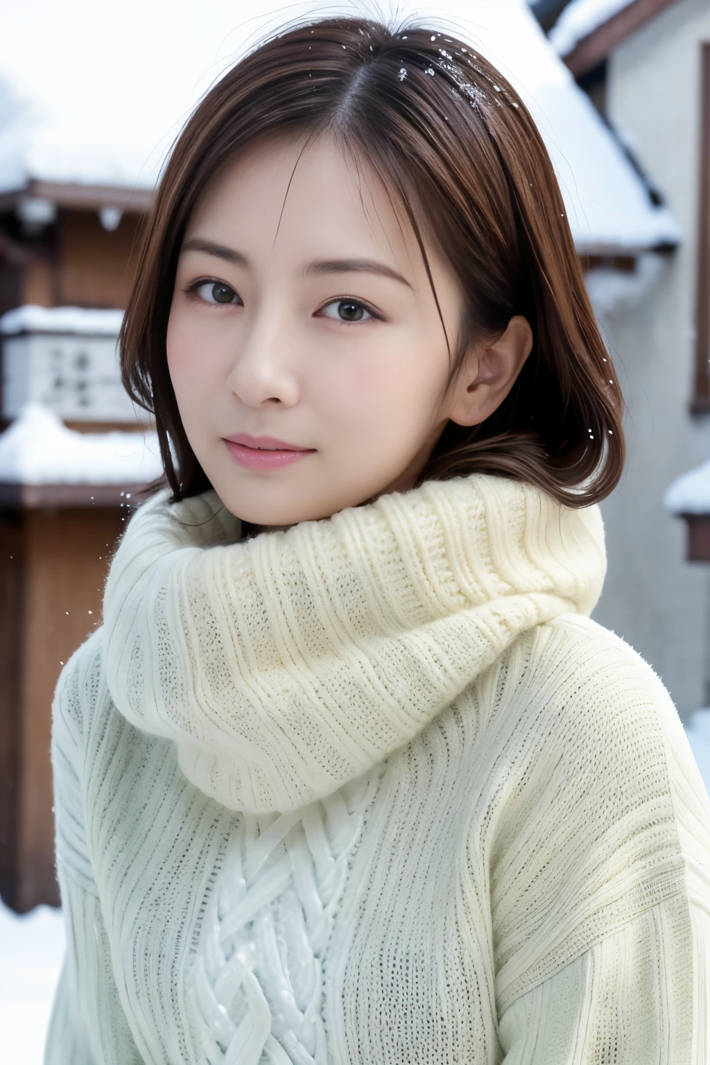 masutepiece, top-quality, Photorealsitic, 8k wallpaper, ​masterpiece, one beautiful Japanese women, Sweater to protect yourself from the cold, (beautiful hairl), Snow Run, ((Look at viewers)), A detailed face, detailed skin textures, Detailed lip rest bulge)