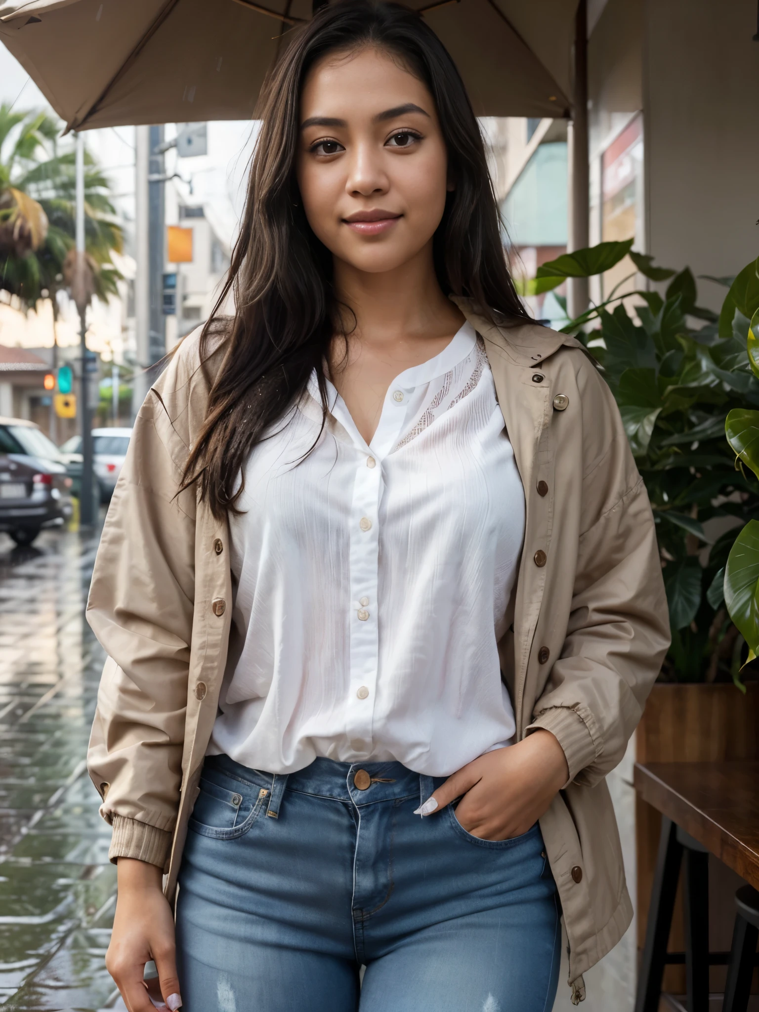 photorealistic, best quality, hyper detailed, Tala, cute Hawaiian girl, very short, skinny, long dark hair, curvy, lips closed with a hint of a smile, detailed face, detailed lips, best shadow, RAW, instagram LUT, rain, morning, hair slightly wet, wearing jeans and a light jacket, near a coffee shop