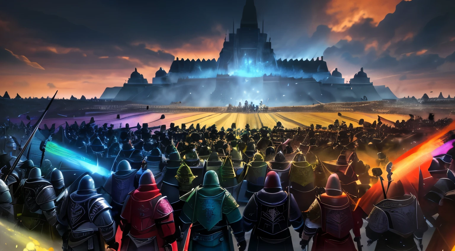(colored line art:1.3), ((Best quality)), ((masterpiece)), (detailed:1.3), 3D ,HDR (High Dynamic Range), light particles, wide view cinematic lighting,cinematic shot, dramatic lighting emphasizing shadows, texture-rich details, a group of men in armor standing in front of a paladin, invading army background, background of invading army,