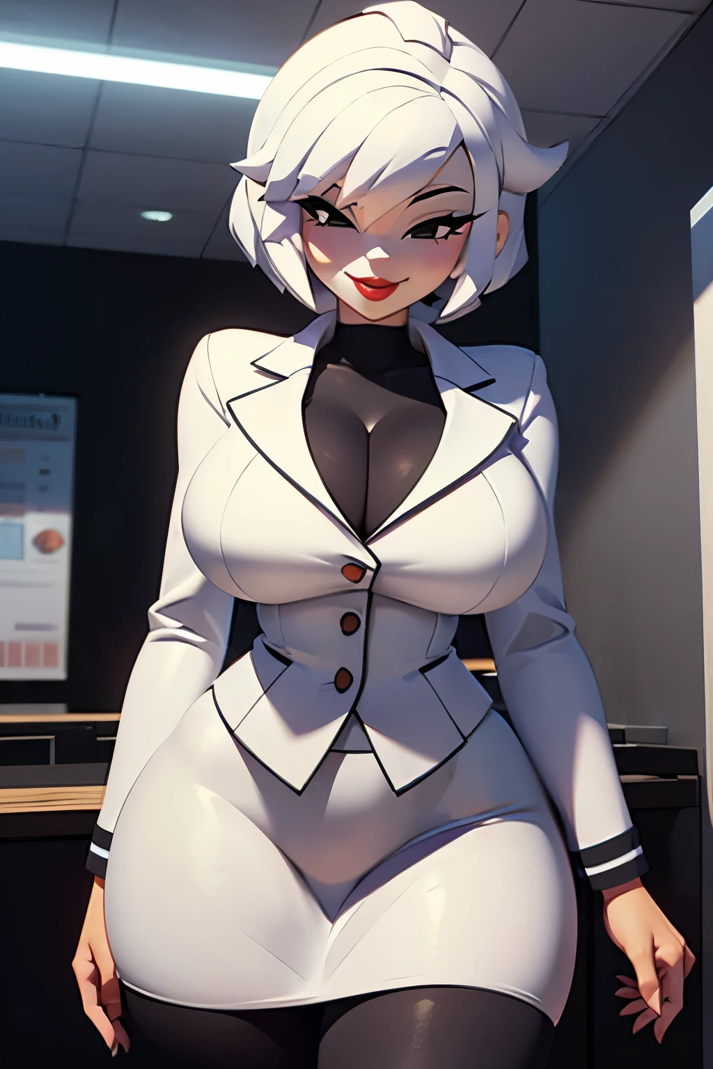 (best quality, masterpiece1.2), 1girl, solo, human, cally3d, (marie), white body, white hair, lips, red lipstick, white blazer, pencil skirt, woman, black eyes, sexy, detailed, extreme detail, perfect lighting, 4k,