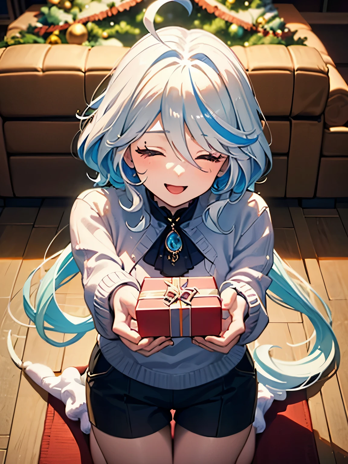 ((masterpiece)), ((anatomically correct)), ((high details)),(( high quality)),(( best quality)), ((highres)), ((super detail)), 1girl, Furina,(wearing white sweater),short pants, ((kneel)),(leg on the ground),head tilted, 1 ahoge, happy face, smile open mouth,(closed eyes),holding a gift, indoor,living room,(Big christmas tree lighting on background), cinematic lighting,(from above sideways), cowboy shot, f/1.8, Sony FE