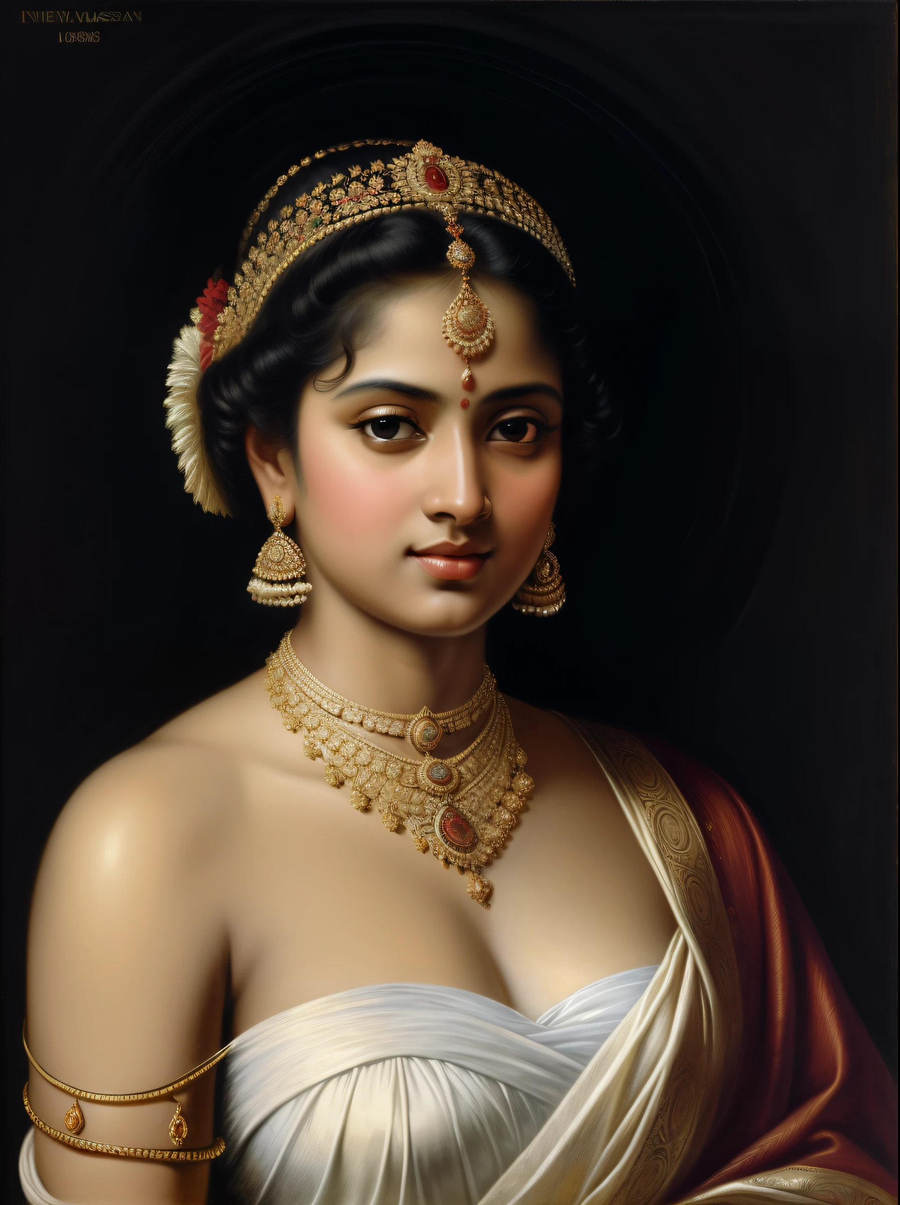 Beautiful Indian Woman, wearing saree, sari Beauty, gorgeous, Apsara, Maharani, royal queen woman, nymph from Hindu Mythology, pierced eyes, Urvashi, matchless beauty, Highly detailed, Oil Painting by Peter Paul Rubens inspired by Raja Ravi Varma, Matchless beauty, captivating, gorgeous, heavenly beauty, celestial beauty, by Peter Paul Rubens, 1893, realistic, hyper realistic, micro details, incredible artwork, insane details, ultra High resolution, 8k, 32k, acrylic on canvas, intricate, flawless, detailed, detailed face, detailed eyes, masterpiece, by Peter Paul Rubens, by Caravaggio, by William Adolphe bouguereau, perfect face, perfect body, beautiful art, realism, baroque, renaissance Art, highly textured, beautiful eyes, uhd, best quality,