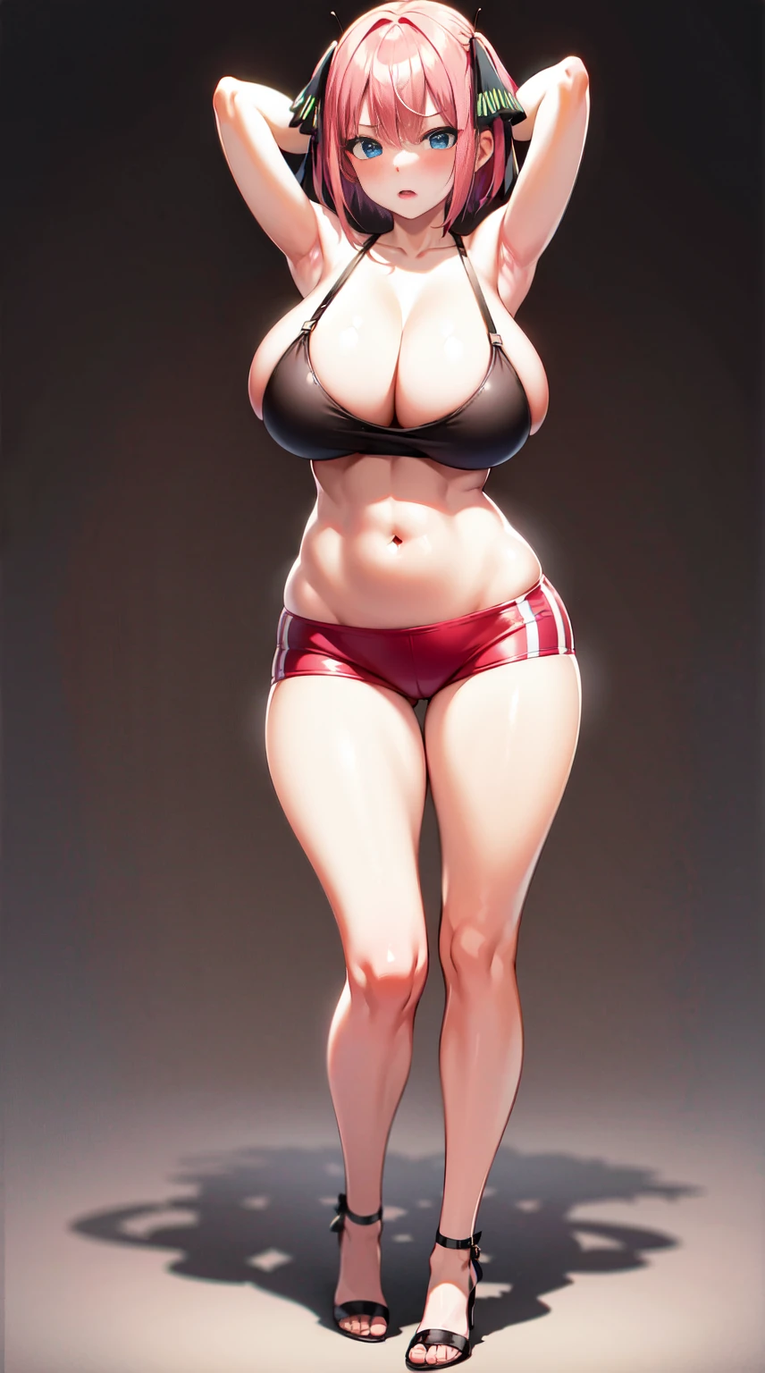 masterpiece, best quality, highres, Nakano nino, 1girl, solo, pink hair, short hair, busty, butterfly hair ornament, massive breasts, cleavage, short pink hotpants, tight sport bra, blush, black stocking, high heels, looking at viewer, annoyed, blush, full body, standing, background, arms behind head, (erotic pose:1.4)