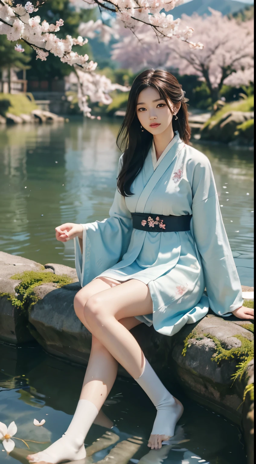 (best quality,4k,highres,masterpiece:1.2),ultra-detailed,realistic,scenic view,majestic mountains,traditional Chinese park,floating cherry blossom petals,freshwater,tranquil atmosphere,Hanfu,1 girl,beautiful detailed eyes,beautiful detailed lips,fair complexion,long eyelashes,sitting,splitting,soaking feet in water,white knee-high socks,translucent clothing,exquisite skin texture,abundance of flowers,peaceful ambiance