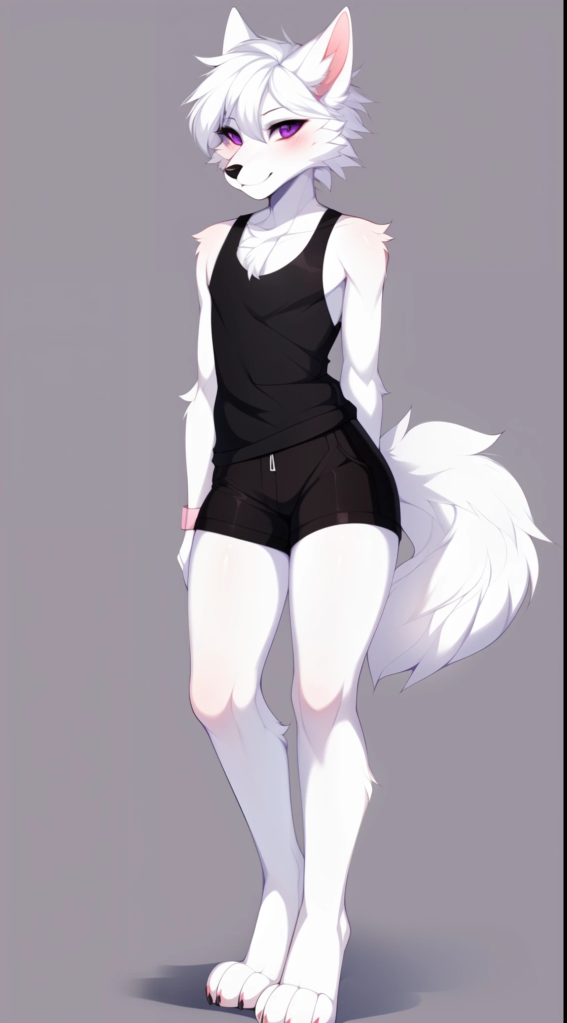 Solo:1.2, an all white male anthro wolf boy, feminine, femboy, short white hair, purple eyes, cute wolf tail, fluffy white wolf ears, slender body, by fumiko, by hyattlen, by claweddrip, by hioshiru, Wearing tank top, black shorts, barefoot, standing, no background