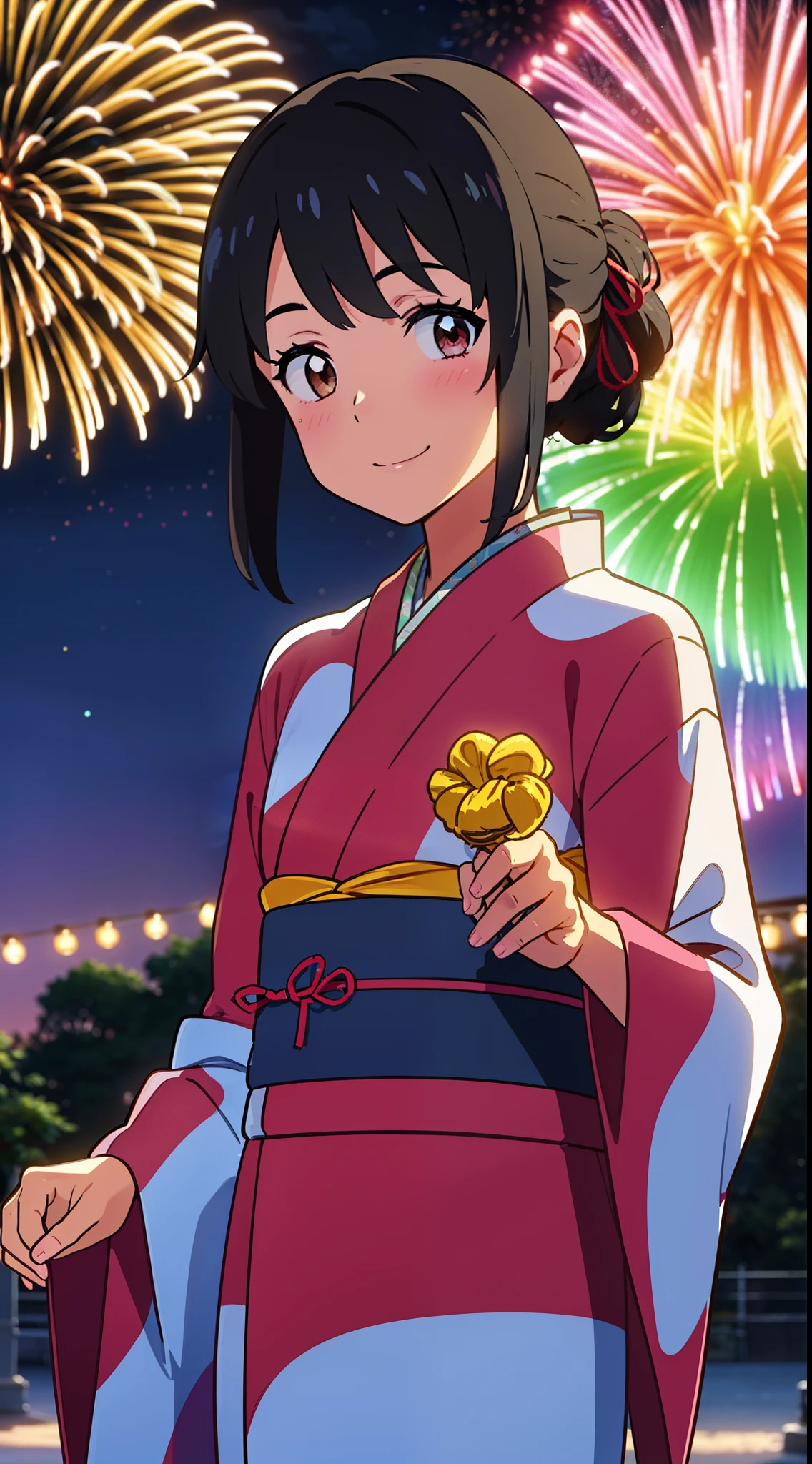shinkai makoto, kimi no na wa., 1girl, bangs, black hair, blush, brown eyes, red headband, red bow, red ribbon, smile, cute, beautiful, blue kimono, blue dress, blush, hair, floral print, japanese clothes, blue yukata, looking at viewer, night, night sky, outdoors, print kimono, summer festival, Amusement park, aerial fireworks, fireworks, dynamic lights