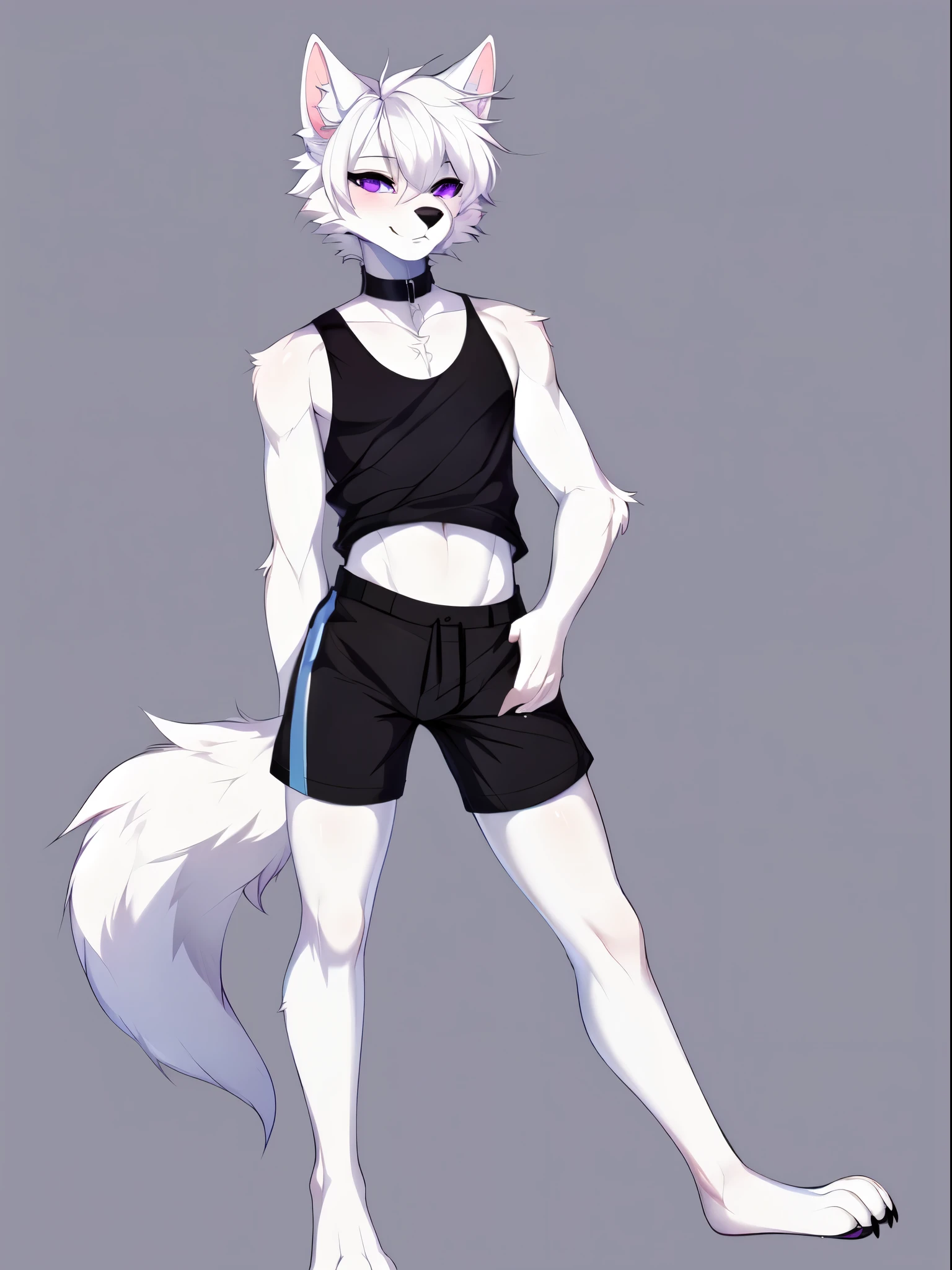 Solo:1.2, an all white male anthro wolf boy, feminine, femboy, short white hair, purple eyes, cute wolf tail, fluffy white wolf ears, slender body, by fumiko, by hyattlen, by claweddrip, by hioshiru,  plantigrade:1.3, Wearing tank top, black shorts, barefoot, standing, no background