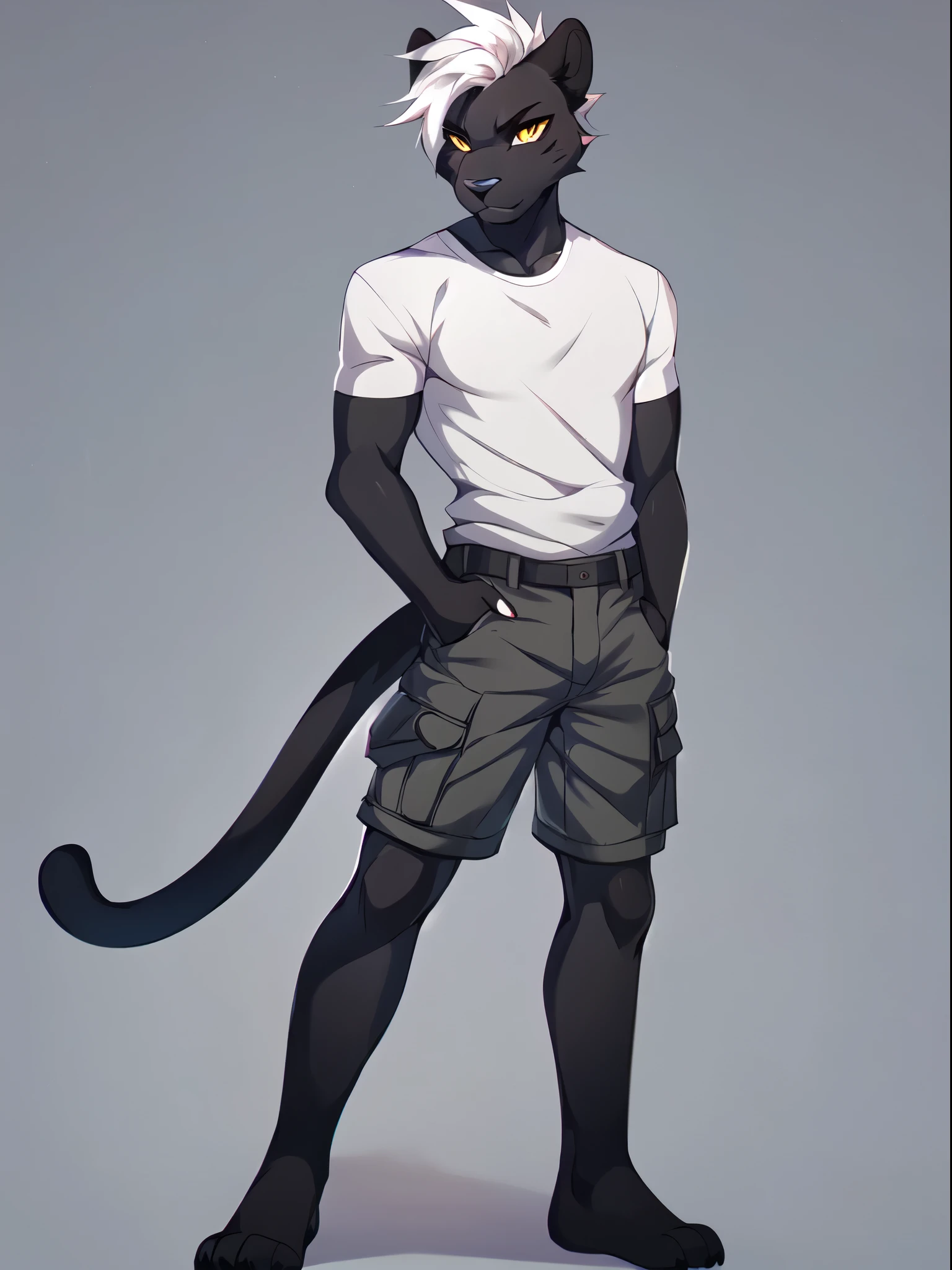 Solo, male, a cute grey anthro furry panther boy, a single panther tail, muscular, (white hair):1.3, faux hawk hair, yellow eyes, by fumiko, by hyattlen, by zackary911, white shirt, cargo shorts, standing, buff, standing, simple background serious face, full body shot, feet visible