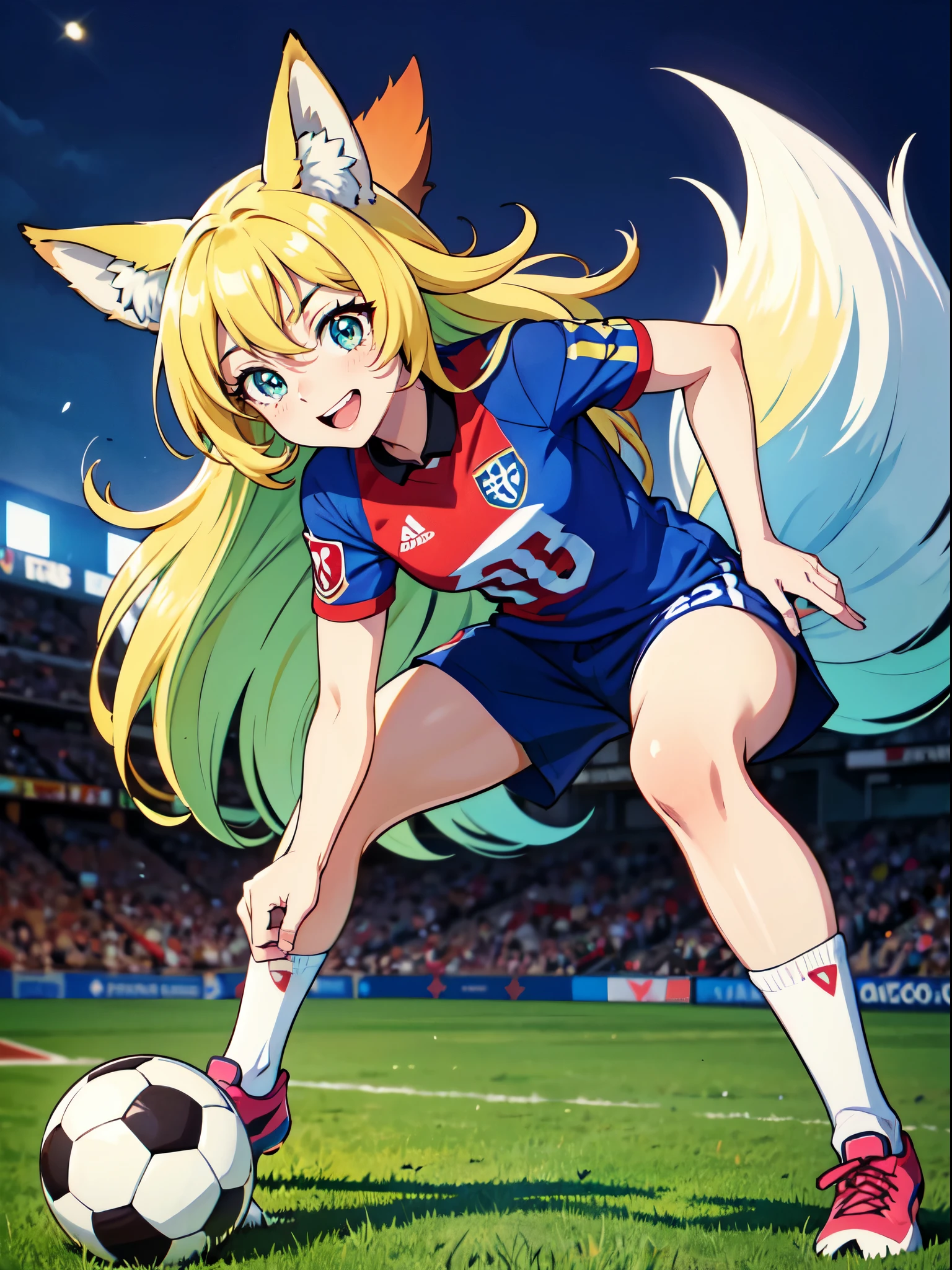 Una giocatrice di calcio, sola in uno stadio della UEFA 2024, she's an half-elf, female, beautiful and voluptous, happy, vestita con una divisa da calcio blu