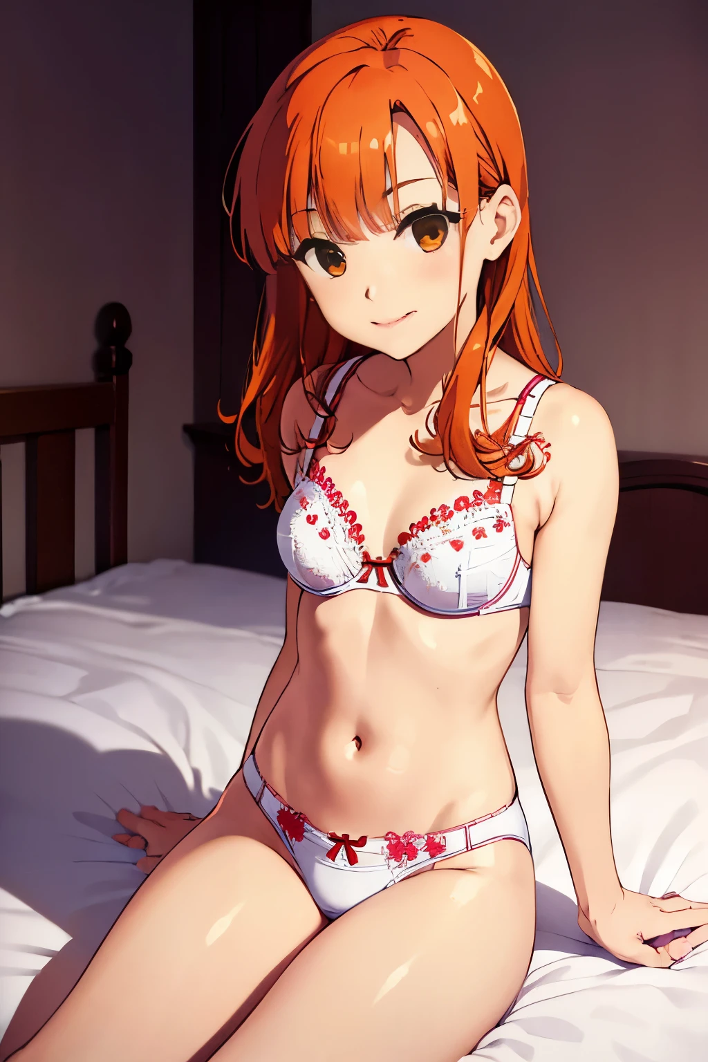 1girl in、hight resolution、​masterpiece、Alena \(DQ4\)、Orange hair、A slender、well-muscled、Short stature、a smile、sitting on、a bed、(((sexual bra with embroidery、small white panties with embroidery)))、skinny thigh、Focus on the thighs