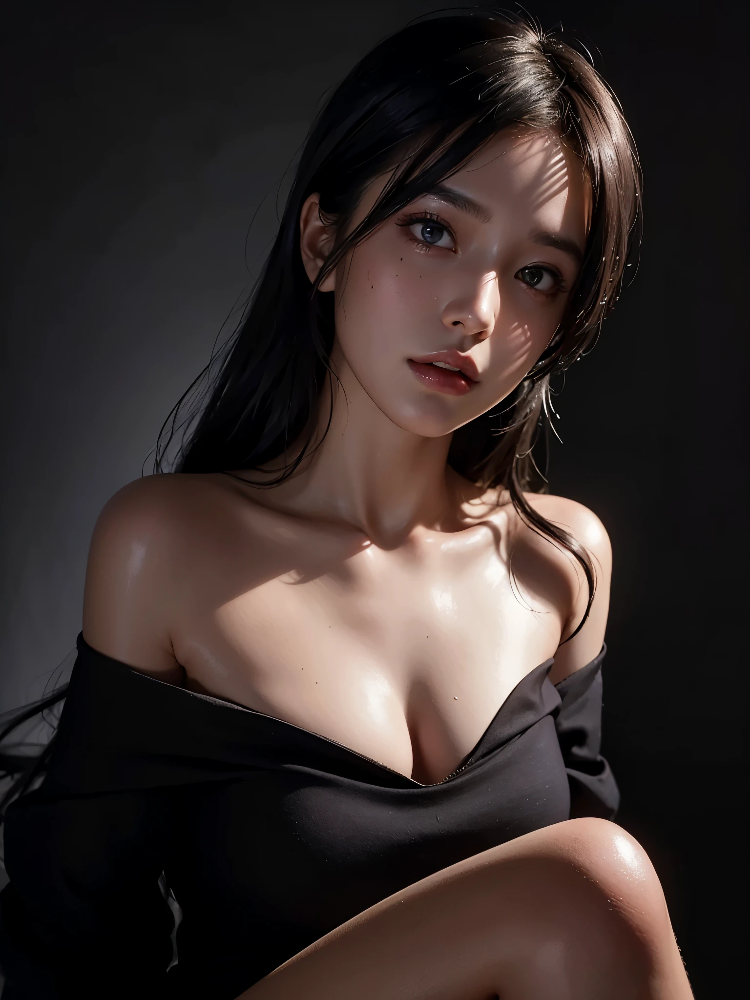 (best quality,masterpiece,ultra high res,photorealistic:1.4),raw photo,1girl,offshoulder,in the dark,deep shadow,low key,cold light,detailed eyes,longeyelashes,beautiful lips,wind-blown hair,dramatic pose,barefooted,fine art painting,impressionism style,vibrant colors,dew drops on leaves,misty atmosphere,crescent moon hanging in the sky,whispering trees,blooming flowers in the background,subtle glow from afar,serene and mysterious ambiance,ethereal beauty,lone figure in a secret garden