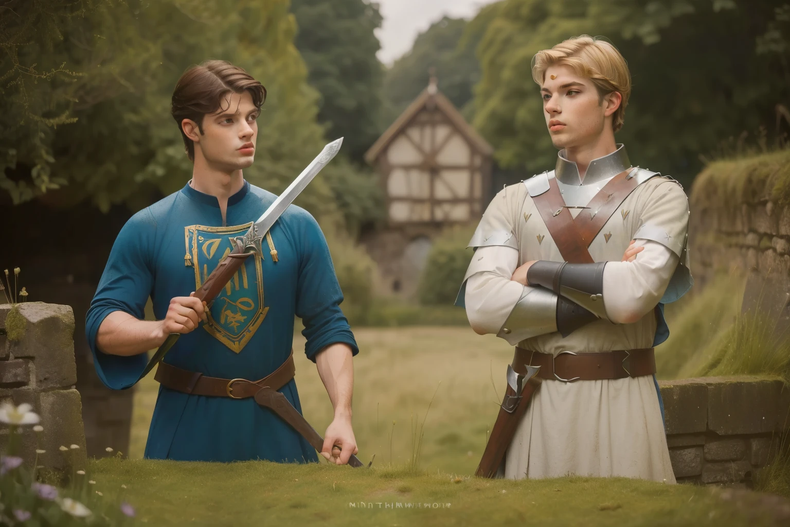 1152, Shiring, England. Otherworldly scene outside a medieval mill, ((((29-year-old)) Matthew Daddario)), knight, sword, figthing with ((((35-year-old)) Hunter Parrish)), ((victorious expression, furious)), ((((tunic from the 12th century)))), ((Hairstyle of the 12th century)), ((Wes Anderson cinematic style)), colorful
