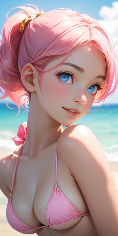 baby face, (pink short hair:1.5,low ponytail:1.5), (photorealistic:1.3), (masterpiece, sidelights, exquisite beautiful eyes: 1.5), masterpiece*portrait, realistic, 3D face,(cute face),front view: 1.6、 (glowing blue eyes:1.2),plump face:1.5,(tareme:1.5)、(seductive smile:1.2),Rosy Mouth,Slim Body,abs, shiny hair, shiny skin: 1.5、medium breasts,cleavage、solo,(stand)、(white micro bikini)、(charactor focus:1.5、portlate:1.5、upper body),beach,