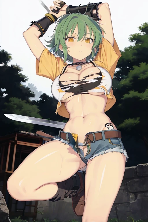 masterpiece, best quality, hikage (senran kagura),1girl, breasts, solo, green hair, large breasts, torn pants, torn clothes, navel, pants, cleavage, knife, jeans, denim, tattoo, holding, yellow eyes, short hair, midriff, torn jeans, belt, looking at viewer, shirt, full body, crop top, boots, arms up, slit pupils, torn shirt, short sleeves, panty pull, PUSSY, WET