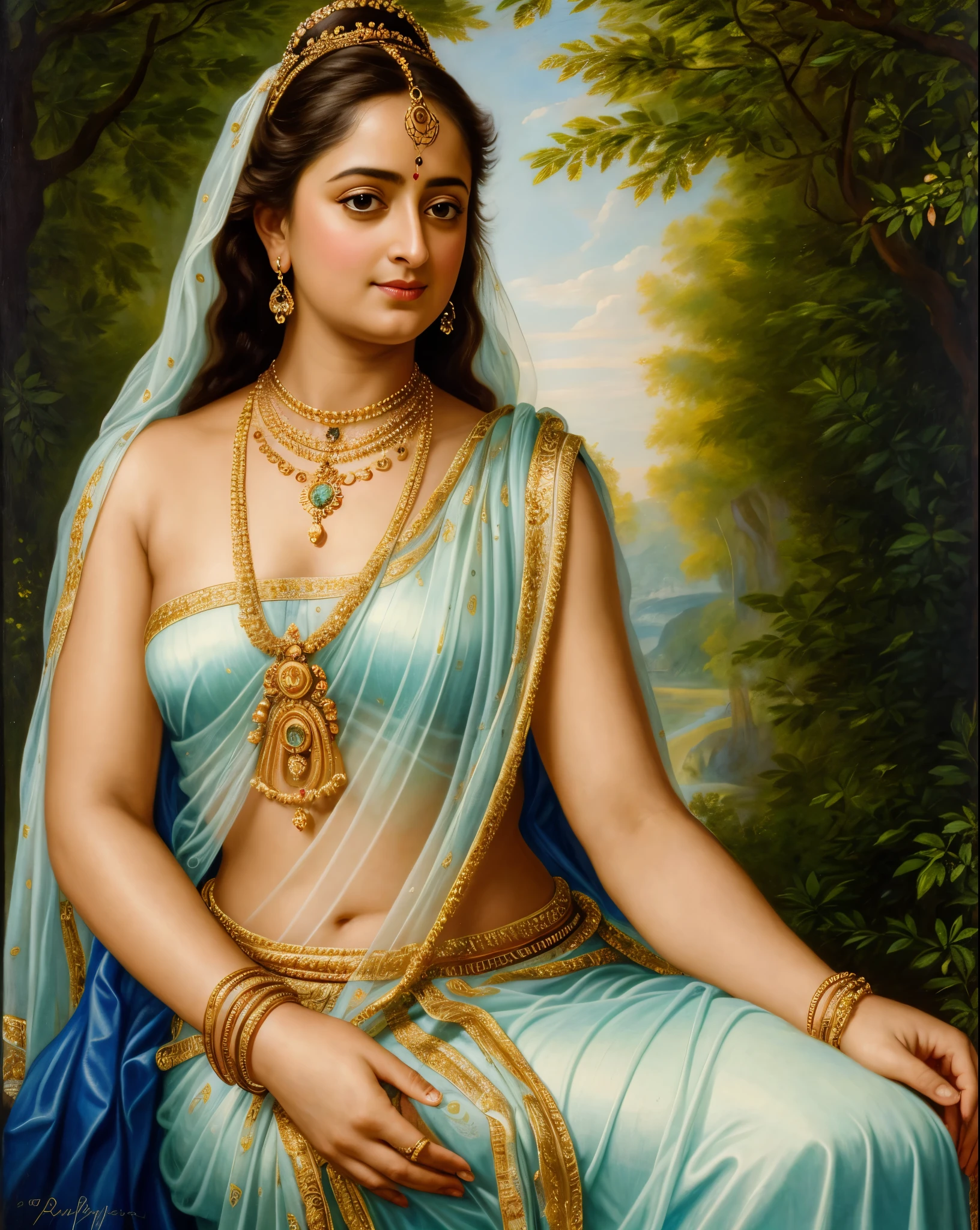 Looks like Anushka Shetty, Masterpiece, Best quality, high clarity eyes, beautifully styled hair, critically flawless,sharp picture, Full portrait, High pixels, perfect face, perfect eyes, beautiful face, perfect hands,perfect fingers, in Peter Paul Rubens style, by Peter Paul Rubens, baroque style, acrylic on canvas, highly detailed, description: "Create a nymph inspired by the tales of Greek or Roman mythology, embodying the essence of a natural element or location, and possessing a unique ability or trait that sets her apart."