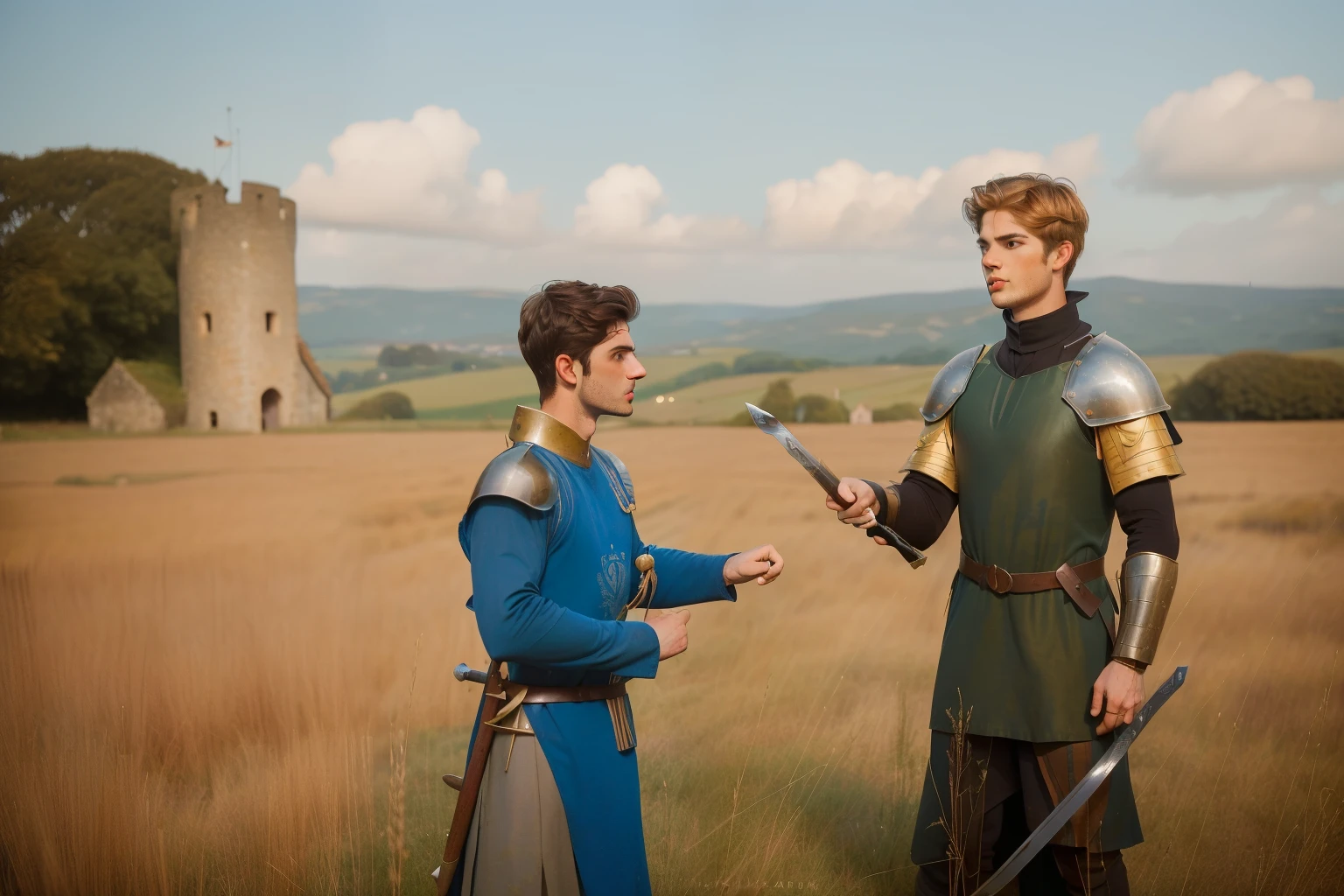 1152, Shiring, England. Otherworldly scene outside a medieval mill, ((((29-year-old)) Matthew Daddario)), knight, sword fight, figthing with ((((35-year-old)) Hunter Parrish)), ((victorious expression, furious)), ((((tunic from the 12th century)))), ((Hairstyle of the 12th century)), ((Wes Anderson cinematic style)), colorful