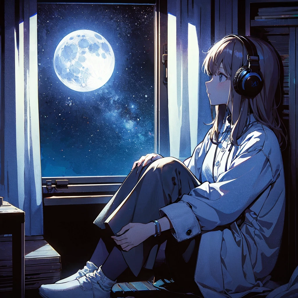 a girl sitting near window during night, watching moon and stars, listening music, holding a white cute puppy in her hand.