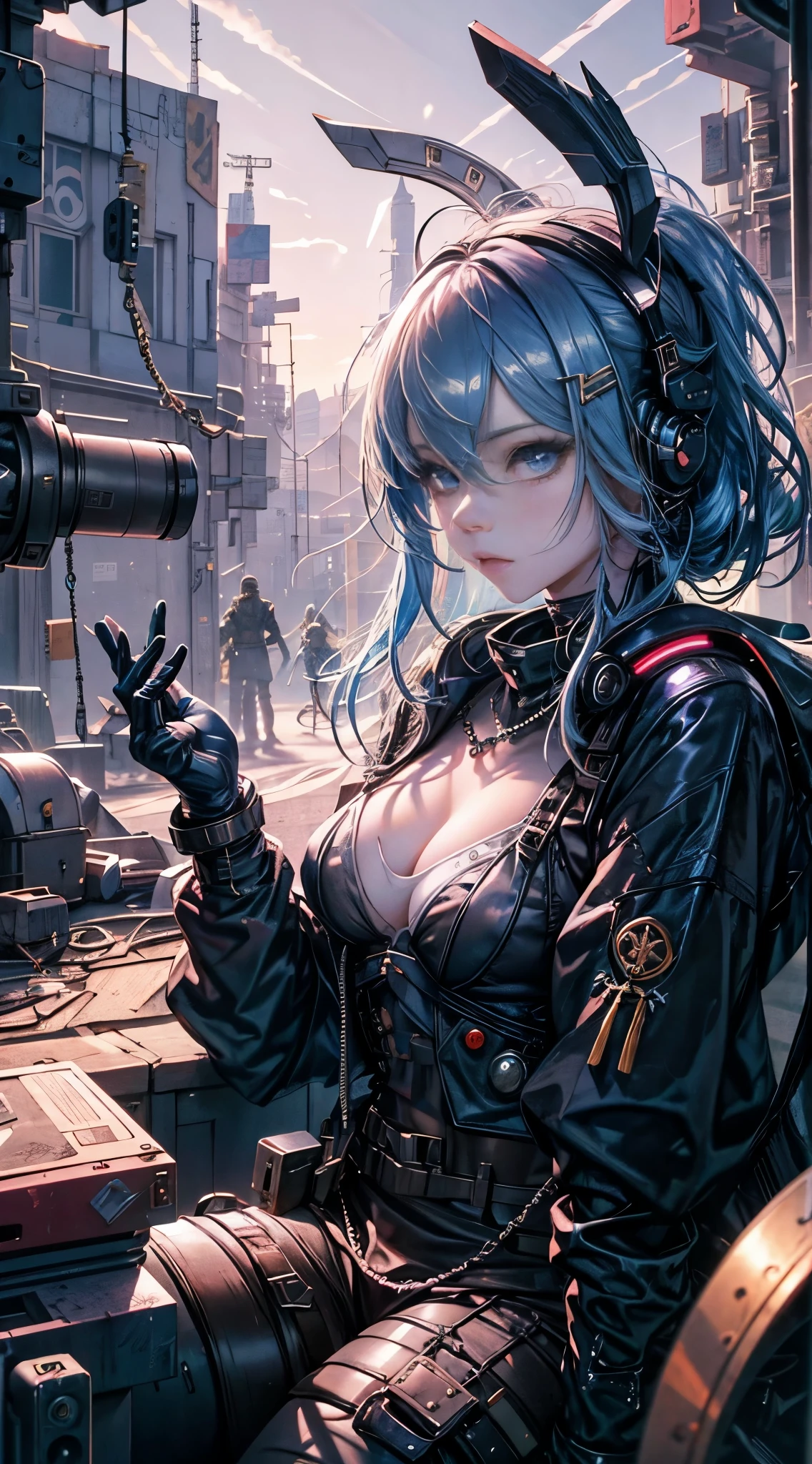 (1girl in)、(Amazing beauty)、(20yr old)、(Top image quality)、(8K picture quality)、portlate(cyberpunked)、(masutepiece)、 (Flickering of light)、(samurais)、(Luminous Sword、keep the sword nearby)、(cyberpunkedの革製軍服を着る)、A well-shaped、cleavage of the breast(Blue Medium Hair、blue eyess:1.2)(cyber rosary necklace:1.2)cinematric light, Cinema Shadow, Sharp Image, Extremely detailed, Volumetric, Bright sprites, particles effect, beautiful effects, Vivid colors, neons, neonsの光, Highly detailed image textures, detailed hairs, Detailed face, Detailed eyes, city、(Blue hair:1.2)Medium Hair、Eyes glow、Sparkling red aura、