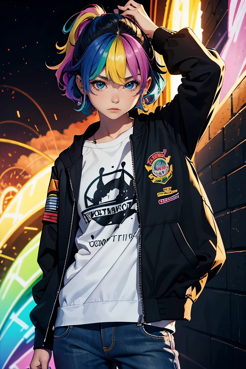 chica con atractivo desordenado atado, Cabello rizado arco iris, chaqueta estilo arcoiris, cool bomb explosion background