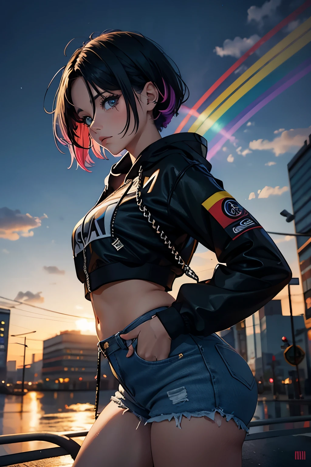 chica con atractivo desordenado atado, Cabello rizado arco iris, chaqueta estilo arcoiris, cool bomb explosion background