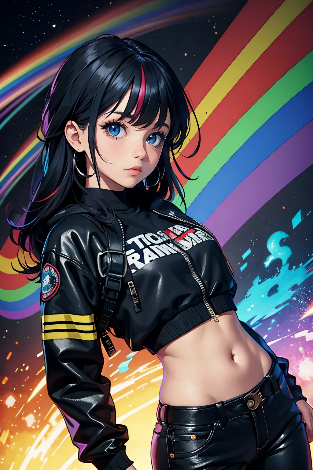 chica con atractivo desordenado atado, Cabello rizado arco iris, chaqueta estilo arcoiris, cool bomb explosion background