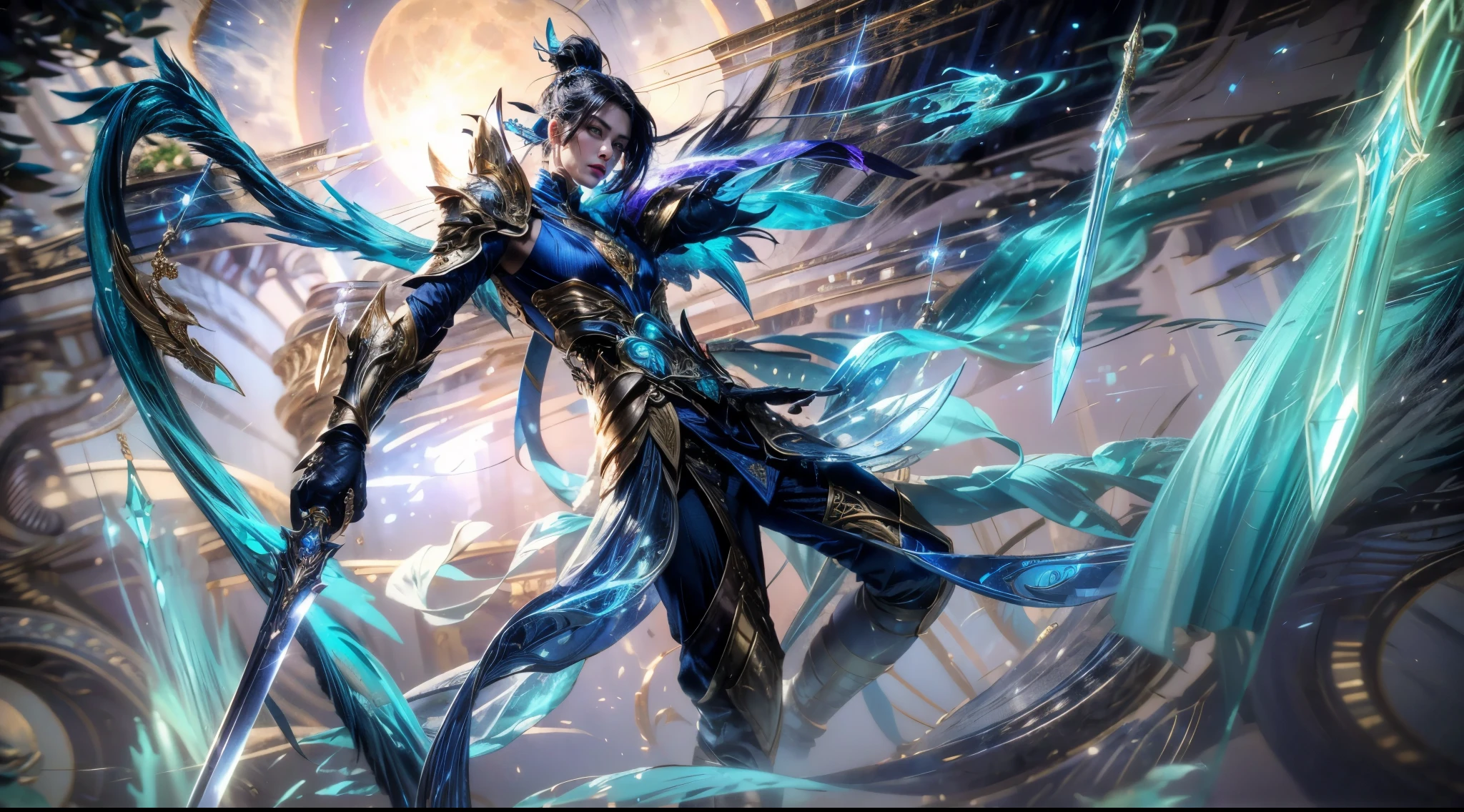(best quality,4k,8k,highres,masterpiece:1.2),ultra-detailed,(realistic,photorealistic,photo-realistic:1.37), Ling from Mobile legend gamea small wing on the back, one arm, holding a sword firmly, blue auras,black hair with a blue part,luminous personality, detailed clothes of a dark blue with golden armor plates, Chinese Xian xia hero,amazing detailed features,,enchanted atmosphere,perfect balance of light and shadow,vibrant colors, moon on the background,captivating gaze,heroic pose,graceful movement,ethereal beauty,elegant and regal,astrological elements, astral energy floating sword,jewelry that sparkles,